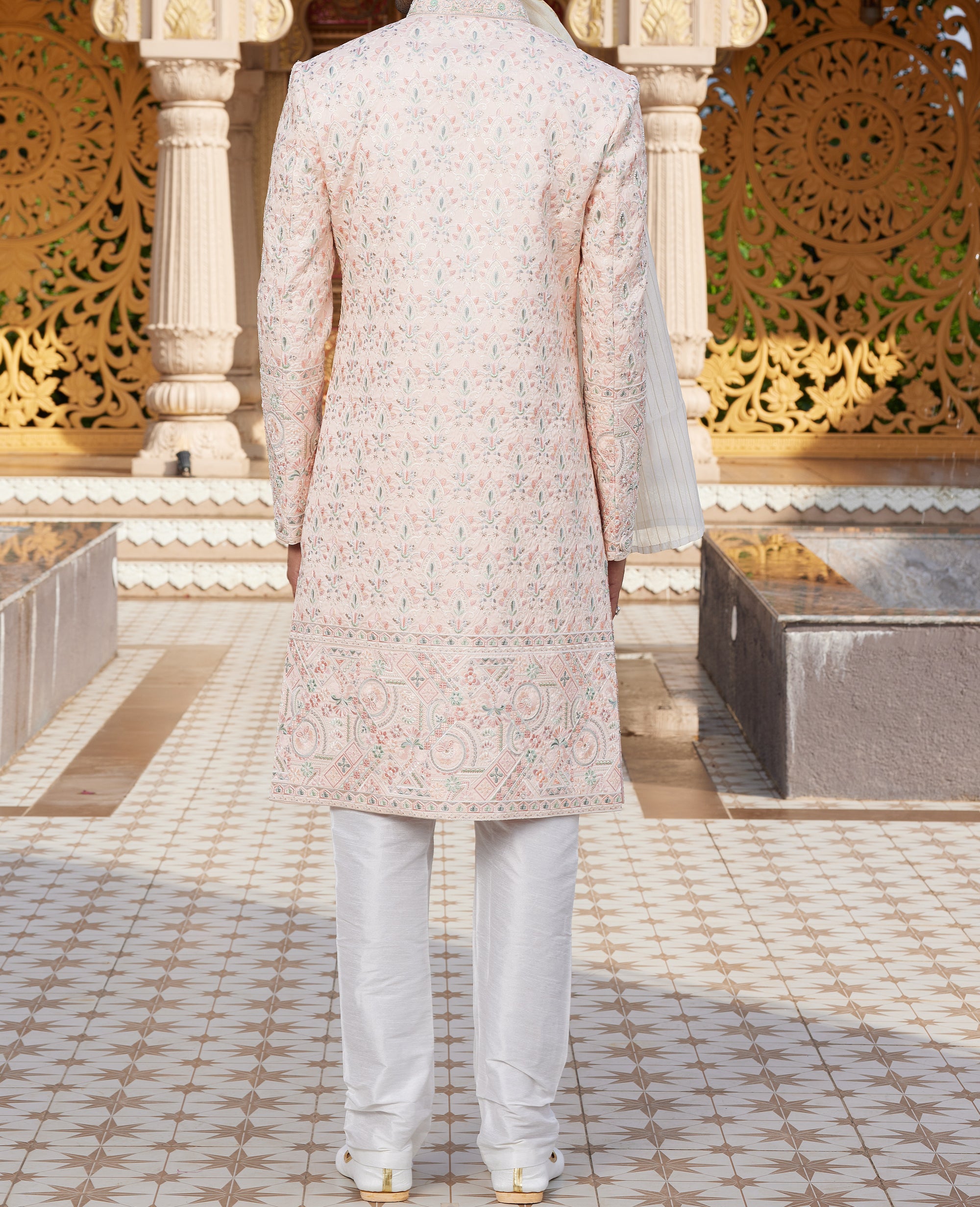 Regal Pink & White Sherwani Set - Made-on-order