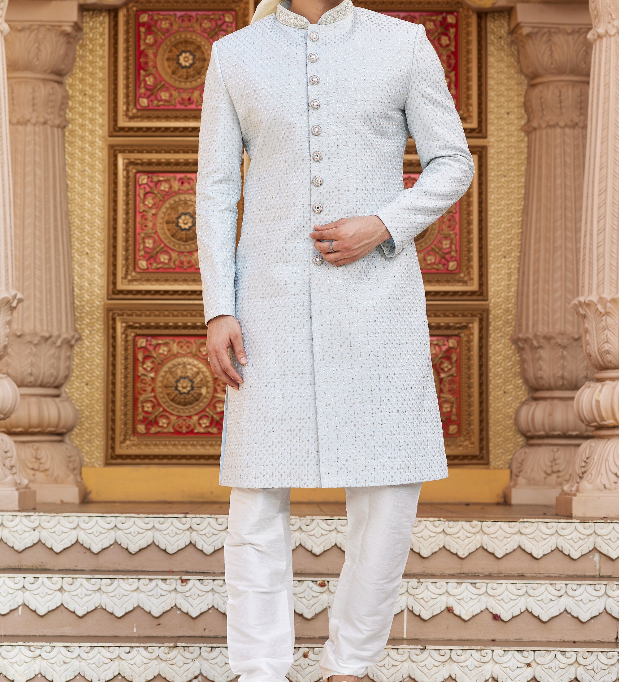 Regal Blue & White Sherwani Set - Made-on-order