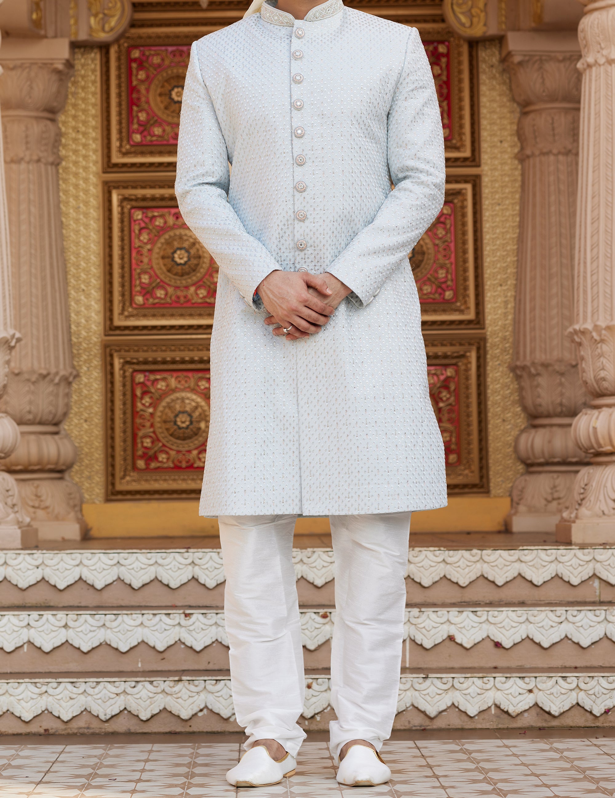Regal Blue & White Sherwani Set - Made-on-order