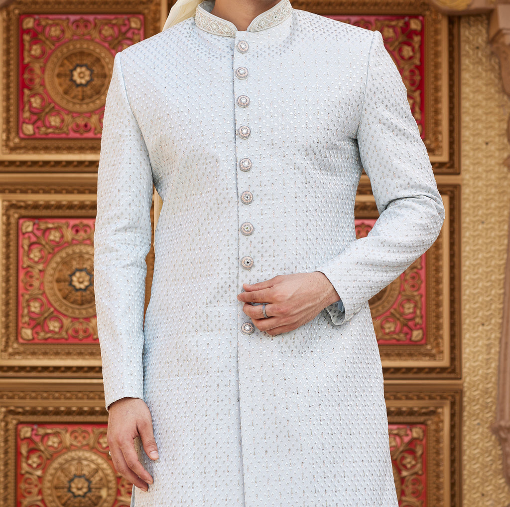 Regal 2-Piece Blue & White Sherwani Set - Made-on-order