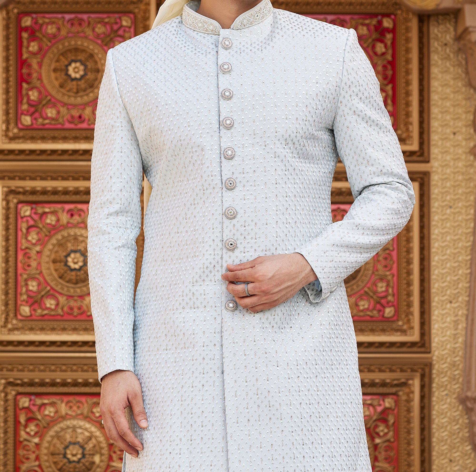 Regal Blue & White Sherwani Set - Made-on-order