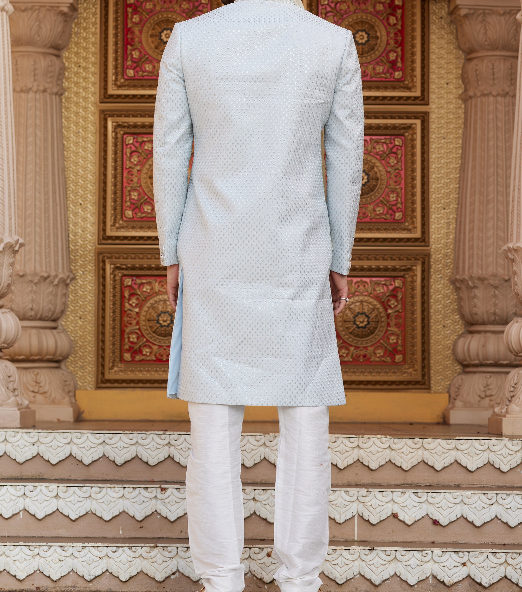 Regal Blue & White Sherwani Set - Made-on-order