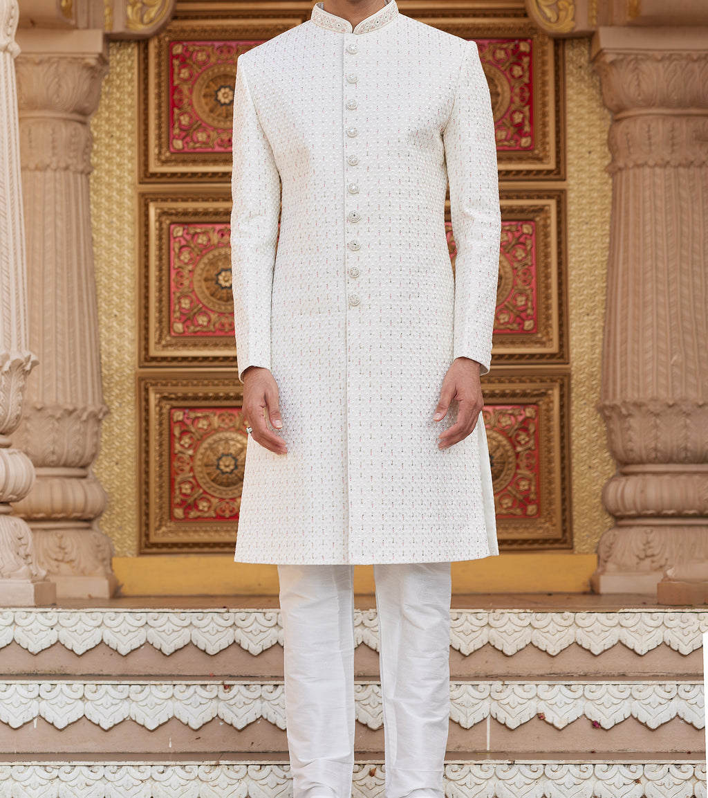 Regal 2-Piece White & Pink Sherwani Set - Made-on-order