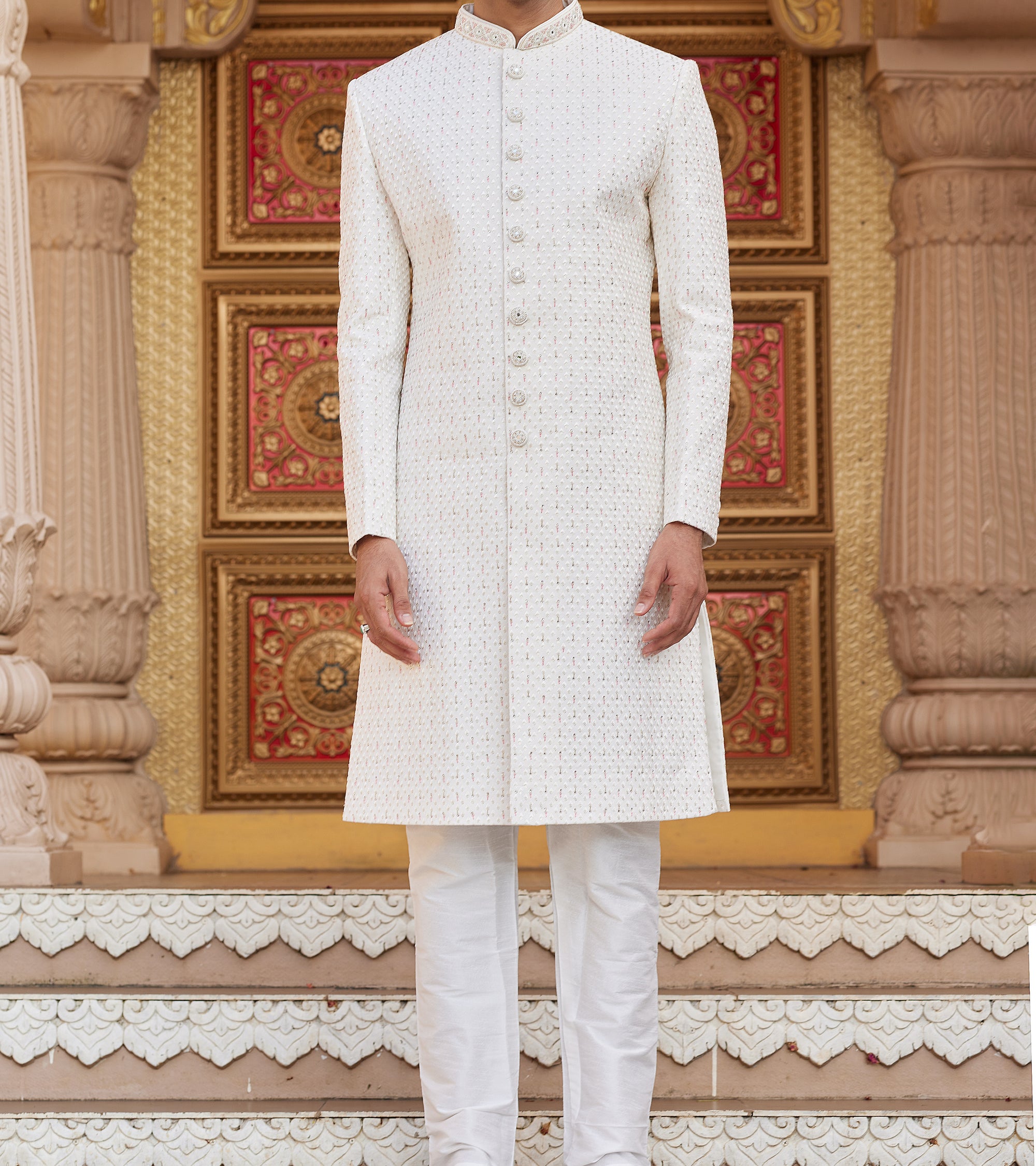 Regal White & Pink Sherwani Set - Made-on-order