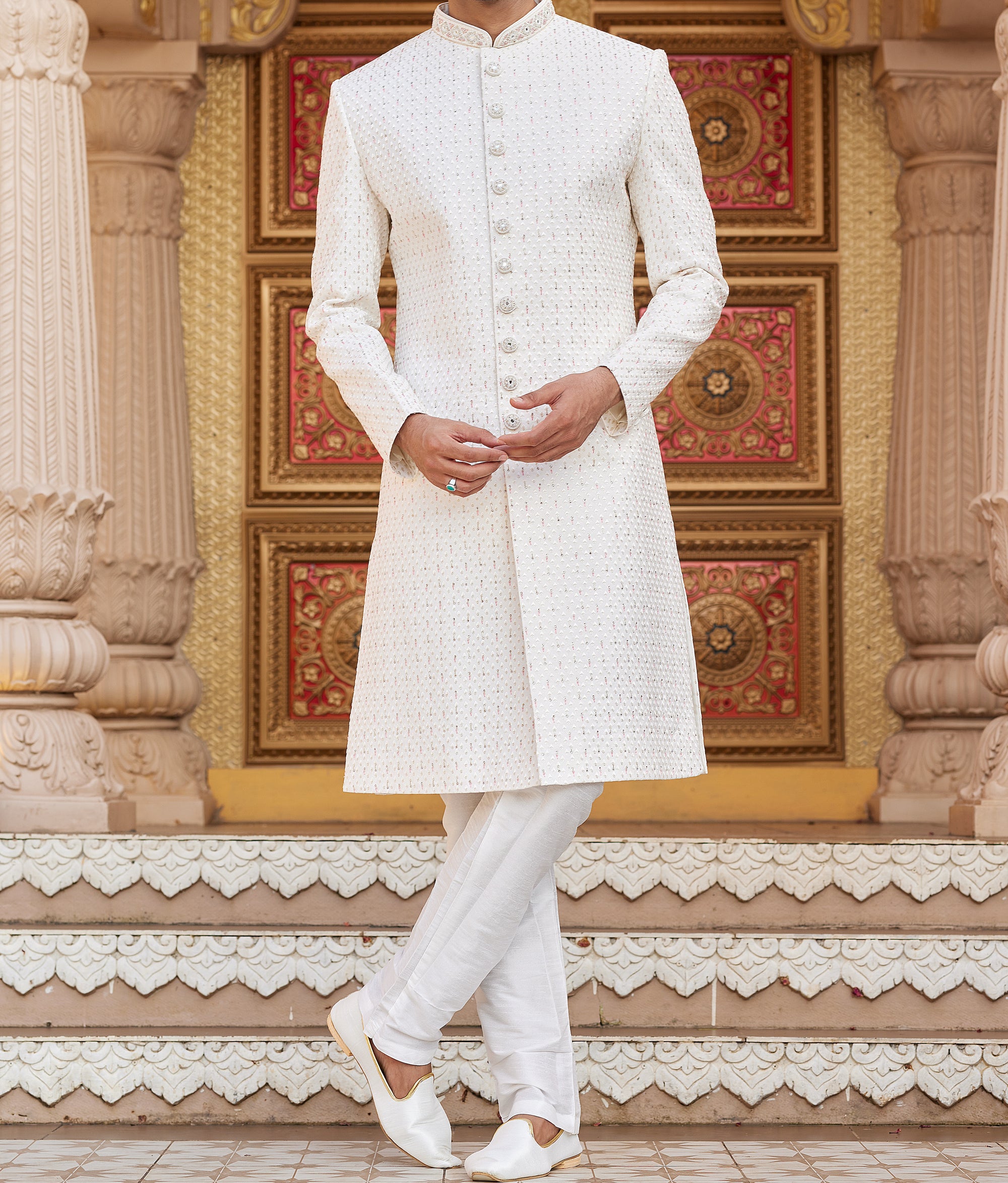 Regal White & Pink Sherwani Set - Made-on-order