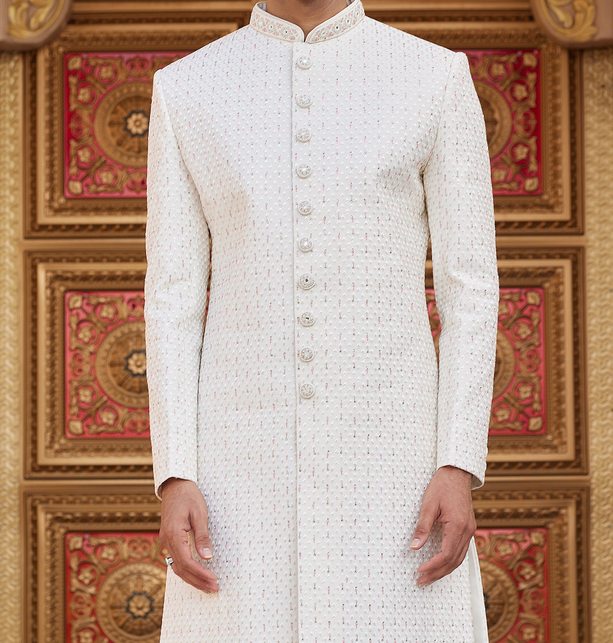 Regal White & Pink Sherwani Set - Made-on-order