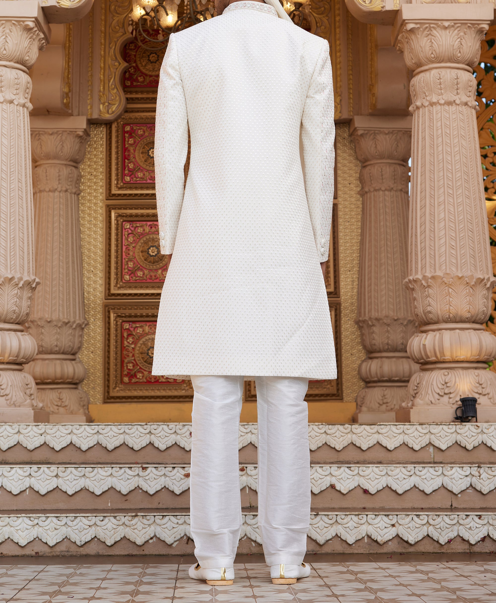 Regal White & Pink Sherwani Set - Made-on-order
