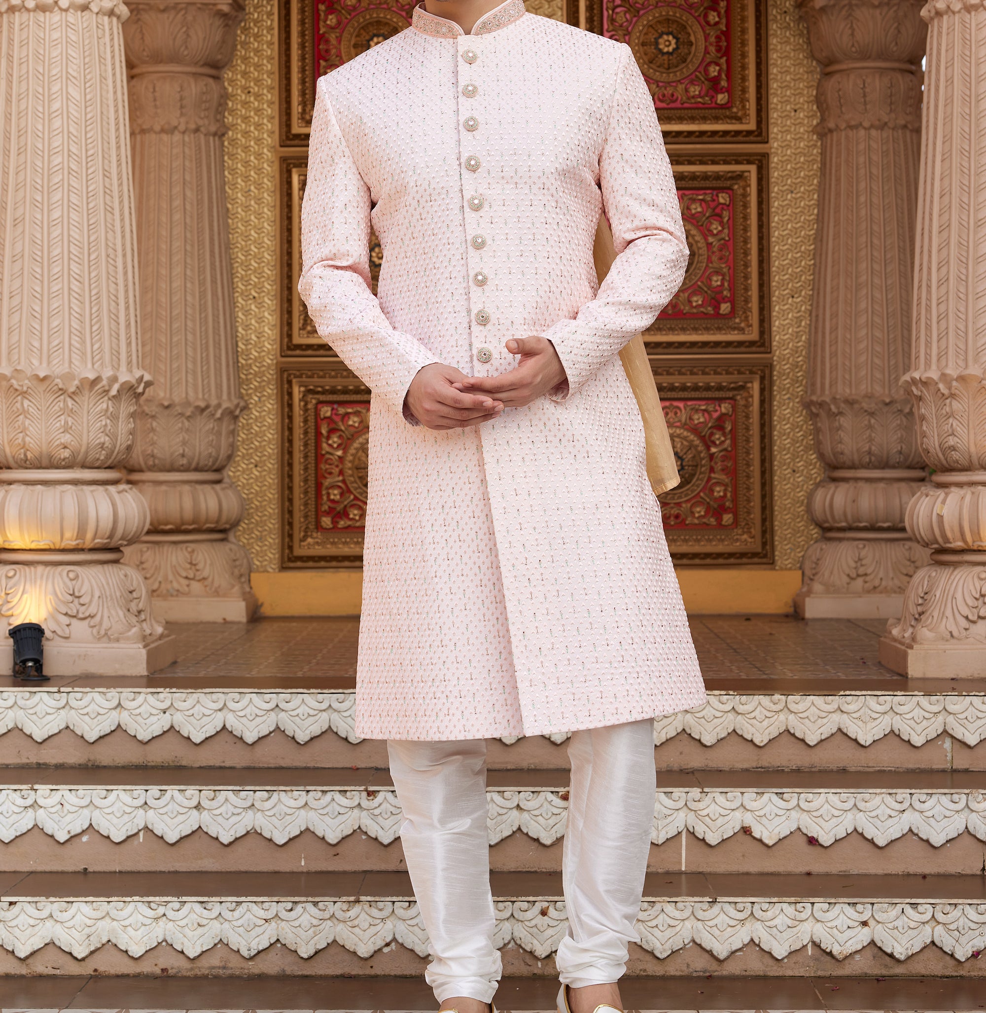 Regal Pink & White Sherwani Set - Made-on-order
