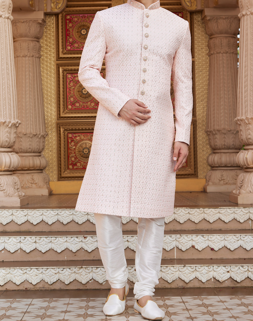 Regal 2-Piece Pink & White Sherwani Set - Made-on-order