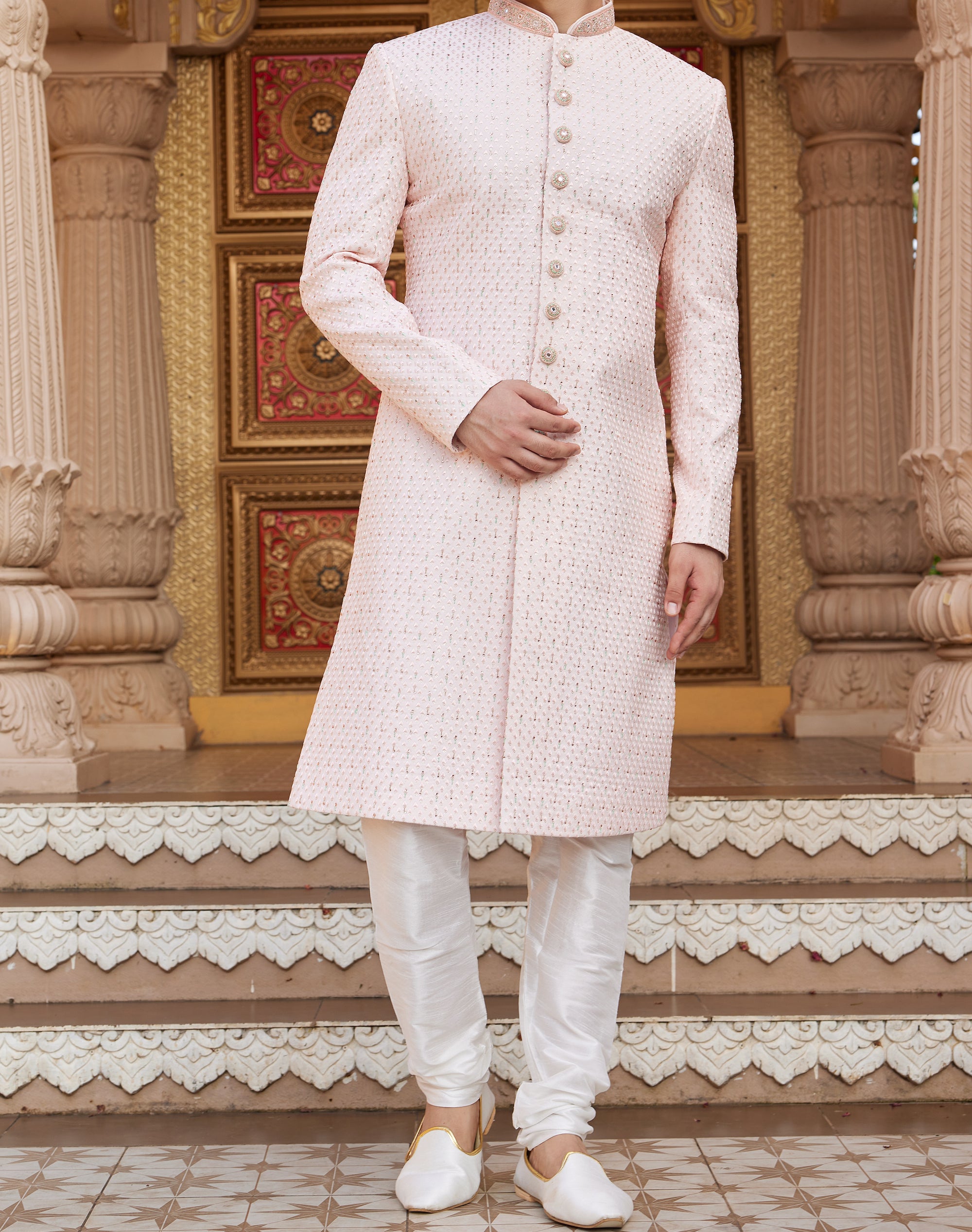 Regal Pink & White Sherwani Set - Made-on-order