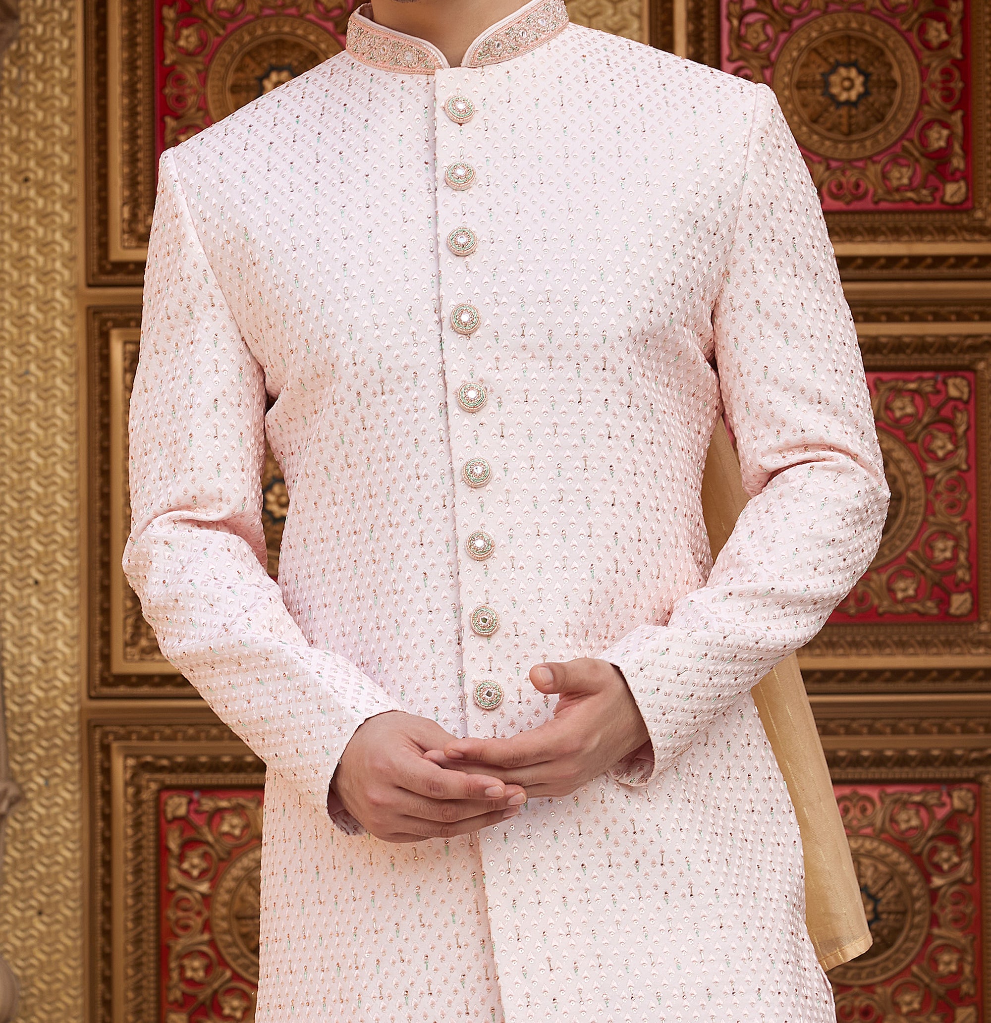Regal Pink & White Sherwani Set - Made-on-order