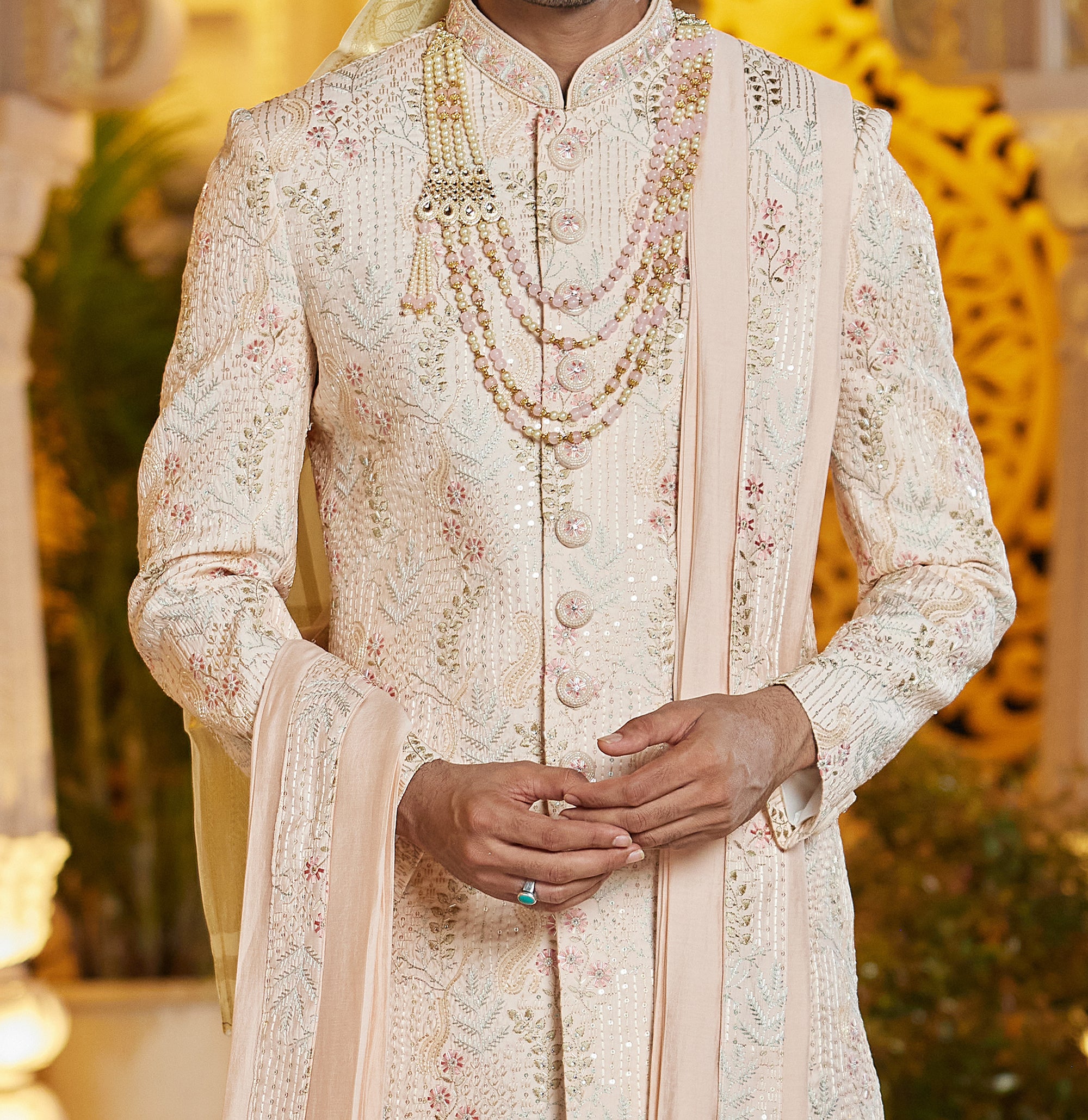 Regal Peach & White Sherwani Set - Made-on-order