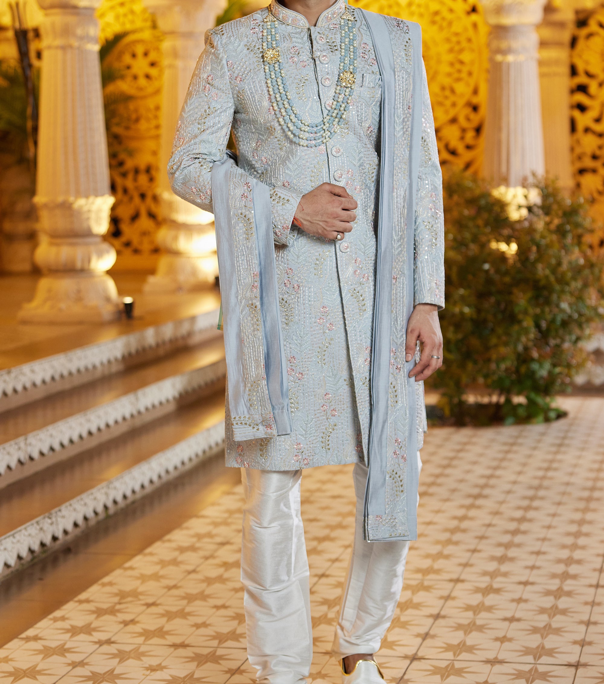 Regal Blue & White Sherwani Set - Made-on-order
