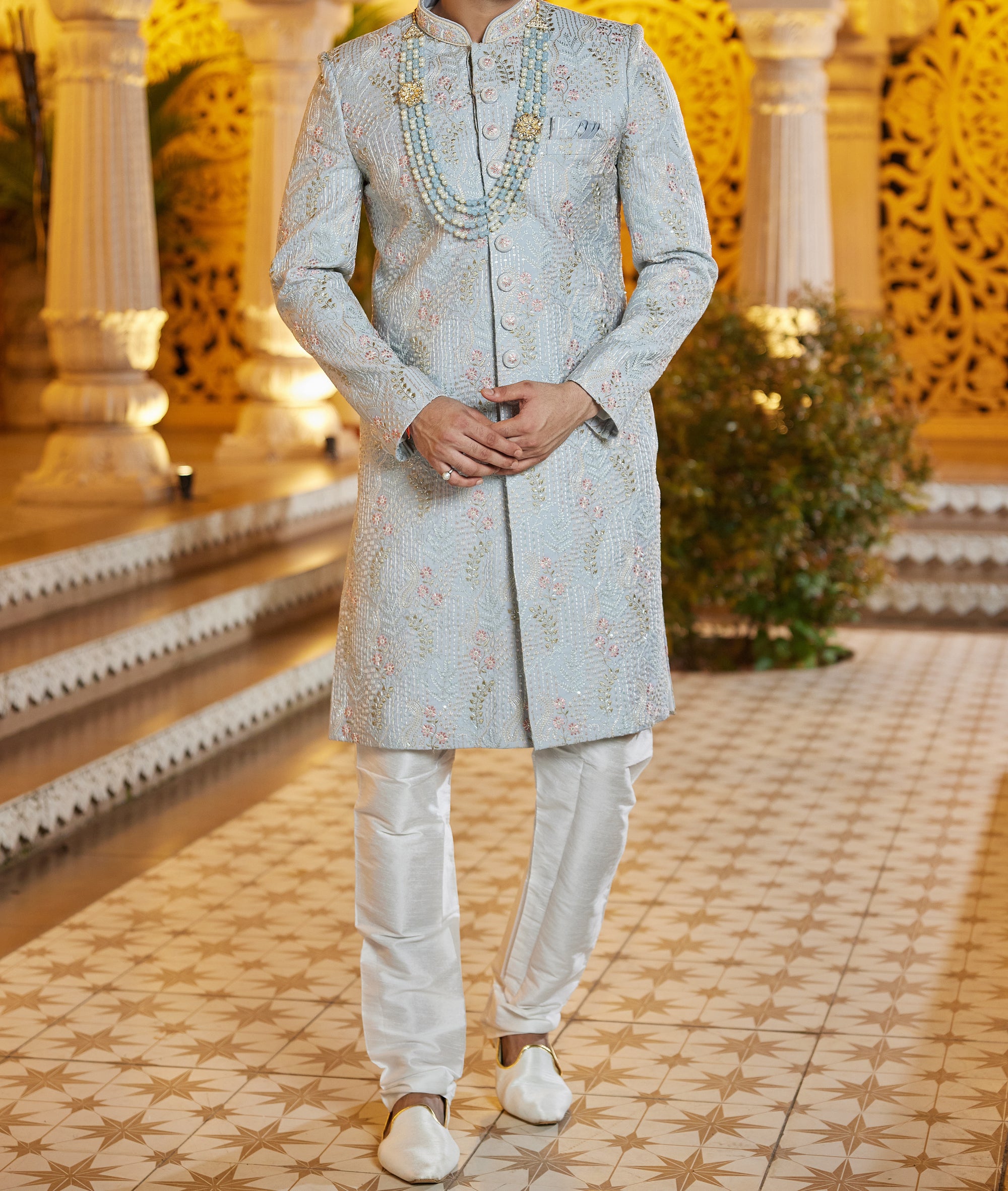 Regal Blue & White Sherwani Set - Made-on-order