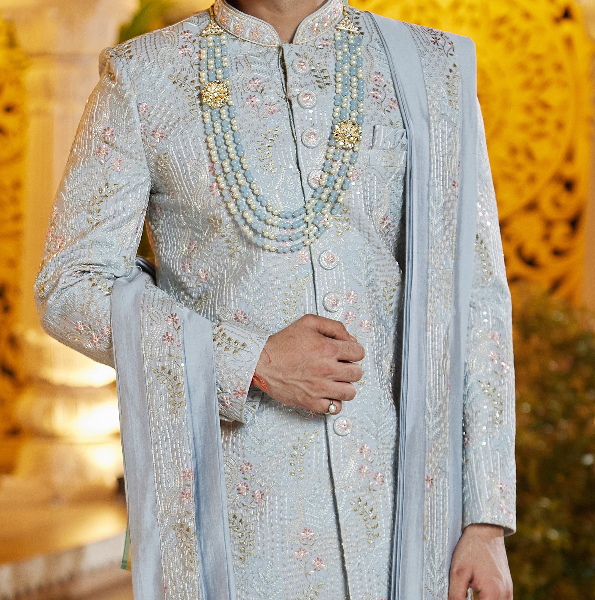 Regal Blue & White Sherwani Set - Made-on-order