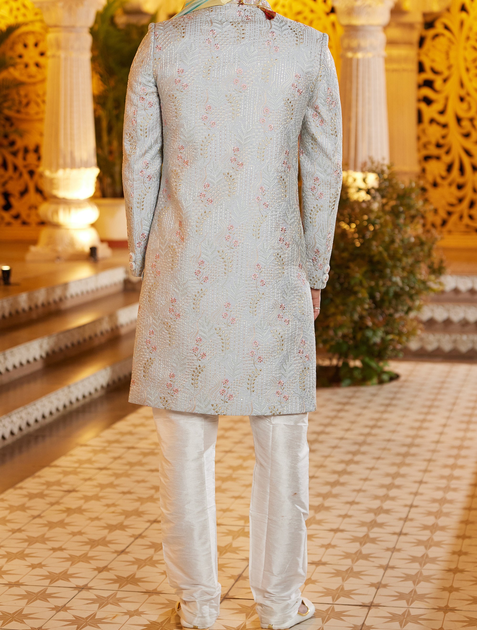 Regal Blue & White Sherwani Set - Made-on-order