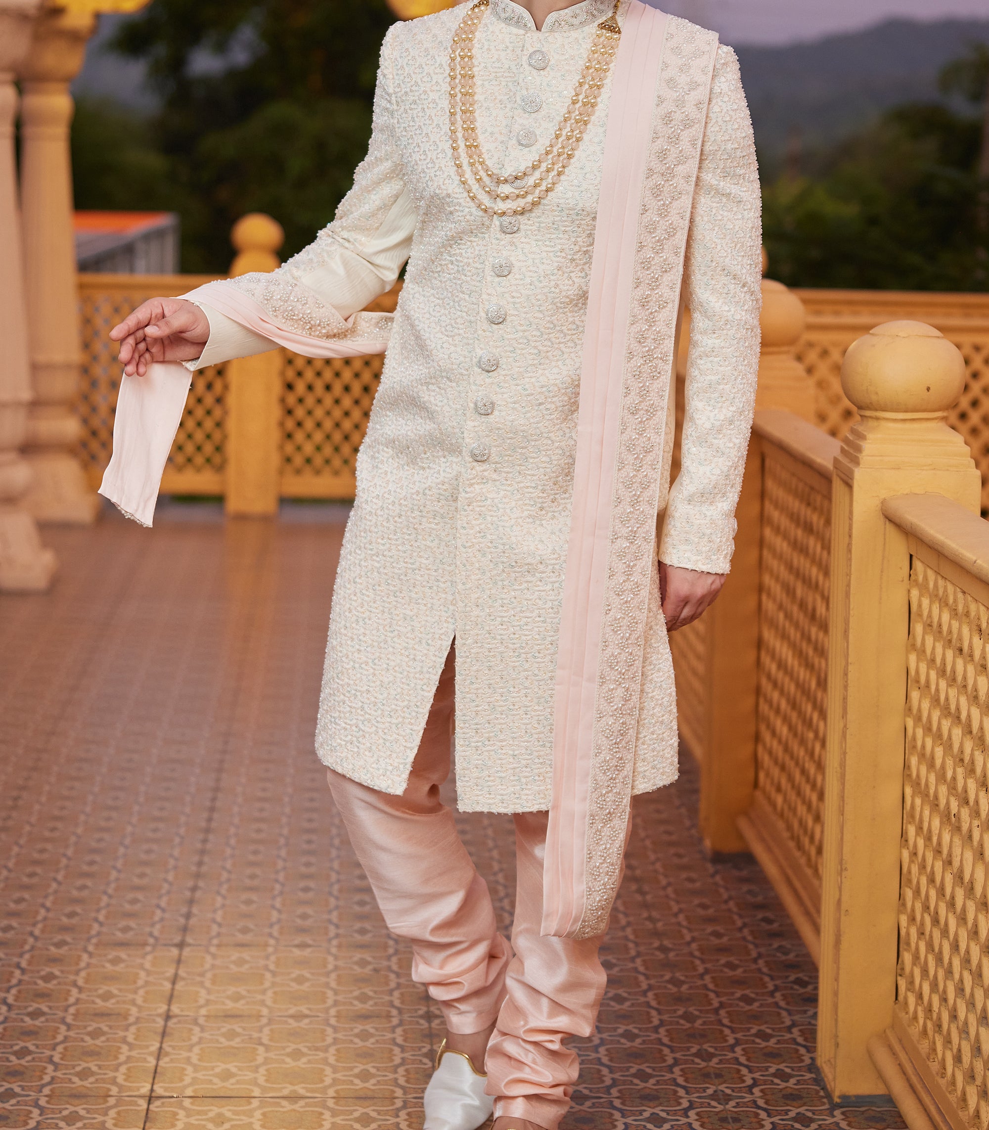 Regal Cream & Peach Sherwani Set - Made-on-order