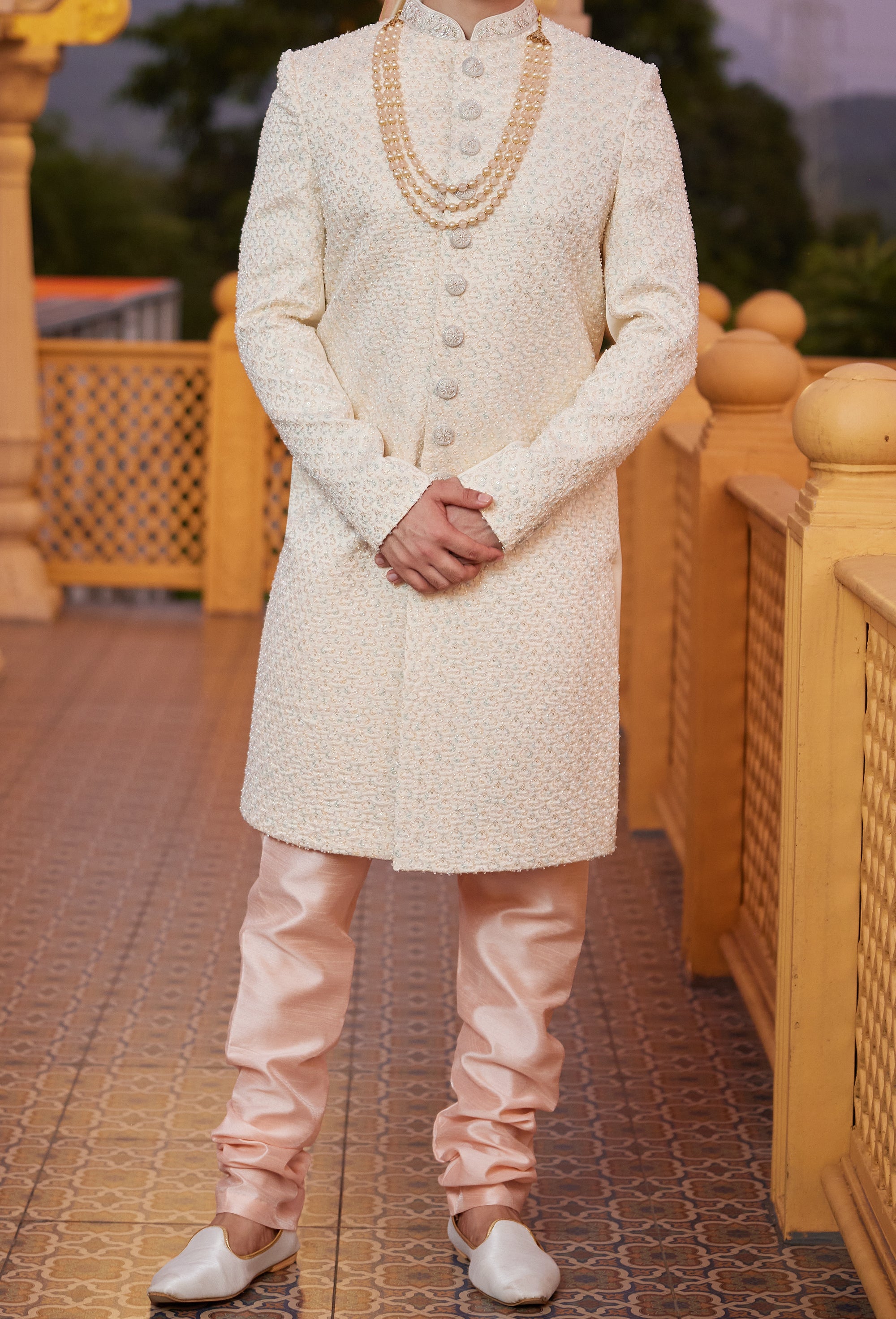 Regal Cream & Peach Sherwani Set - Made-on-order