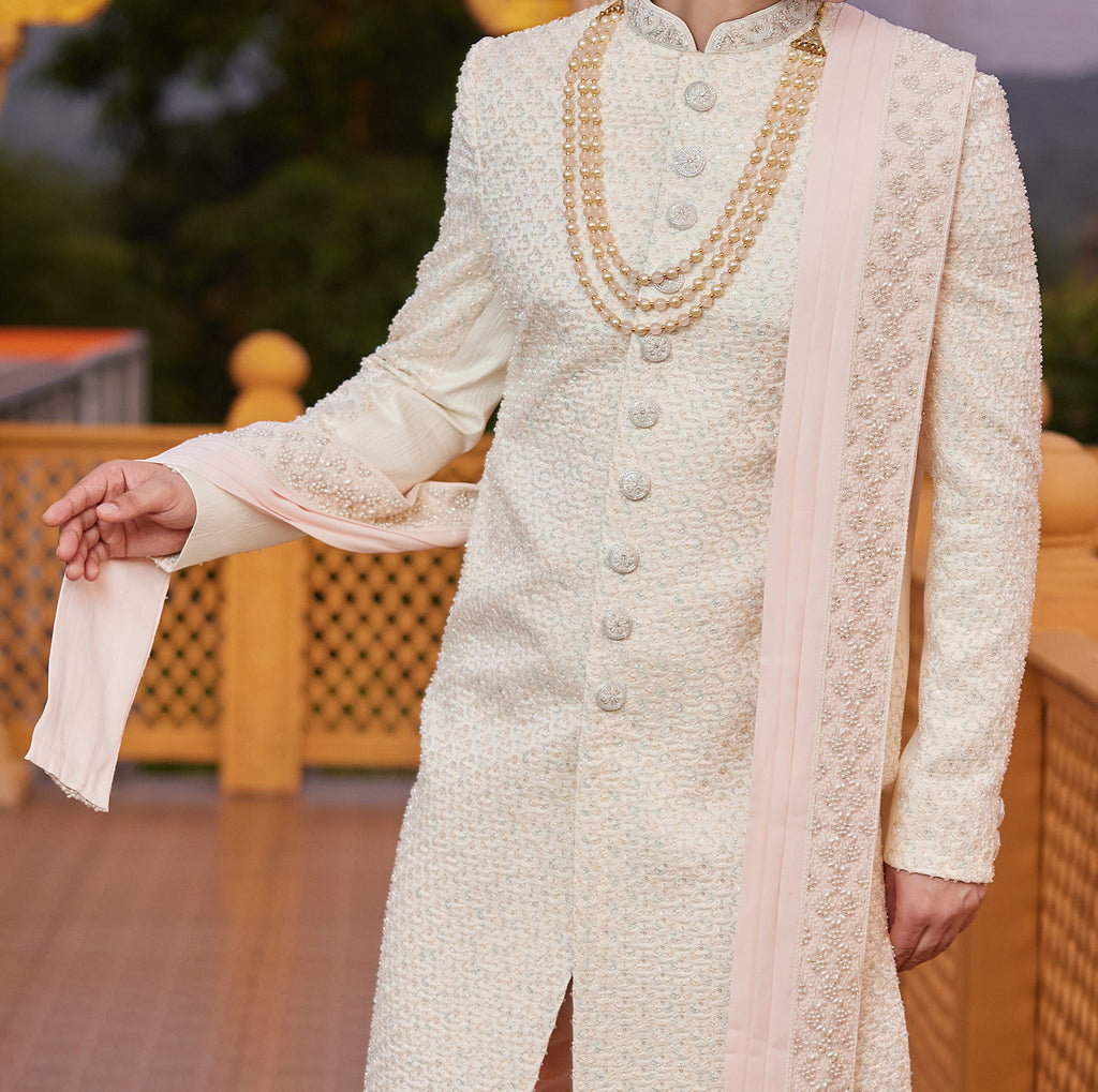 Regal 3-Piece Cream & Peach Sherwani Set - Made-on-order