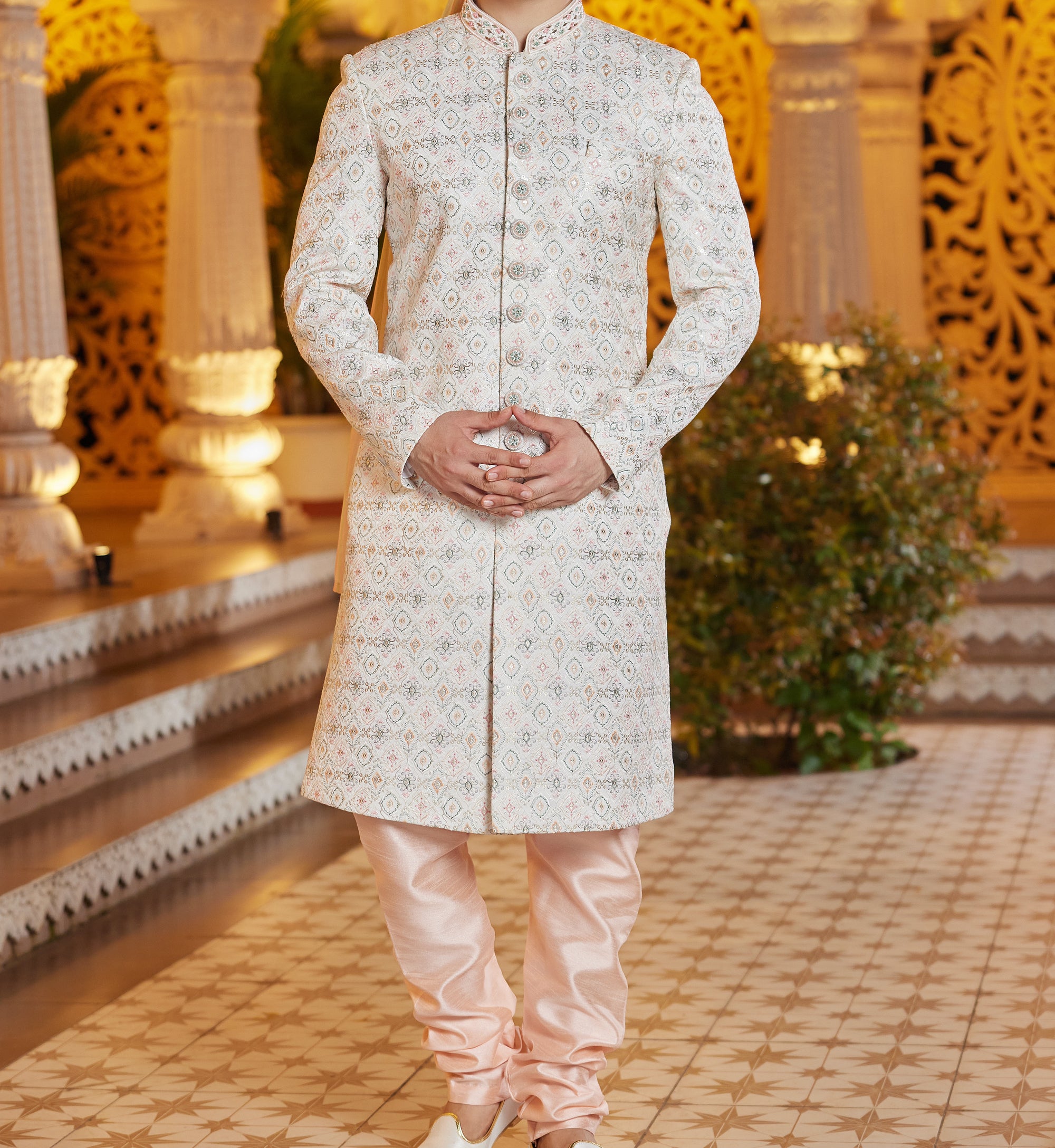 Regal White & Peach Sherwani Set - Made-on-order