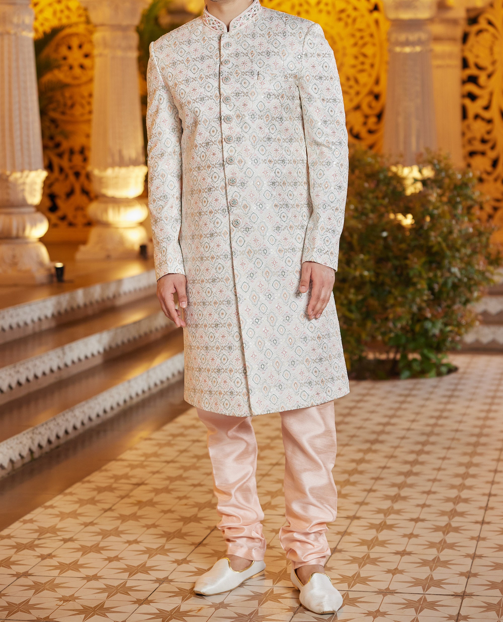 Regal White & Peach Sherwani Set - Made-on-order