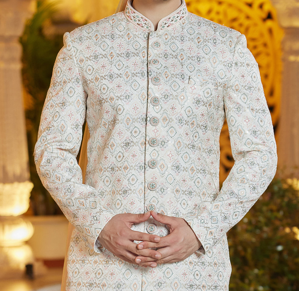 Regal 2-Piece White & Peach Sherwani Set - Made-on-order