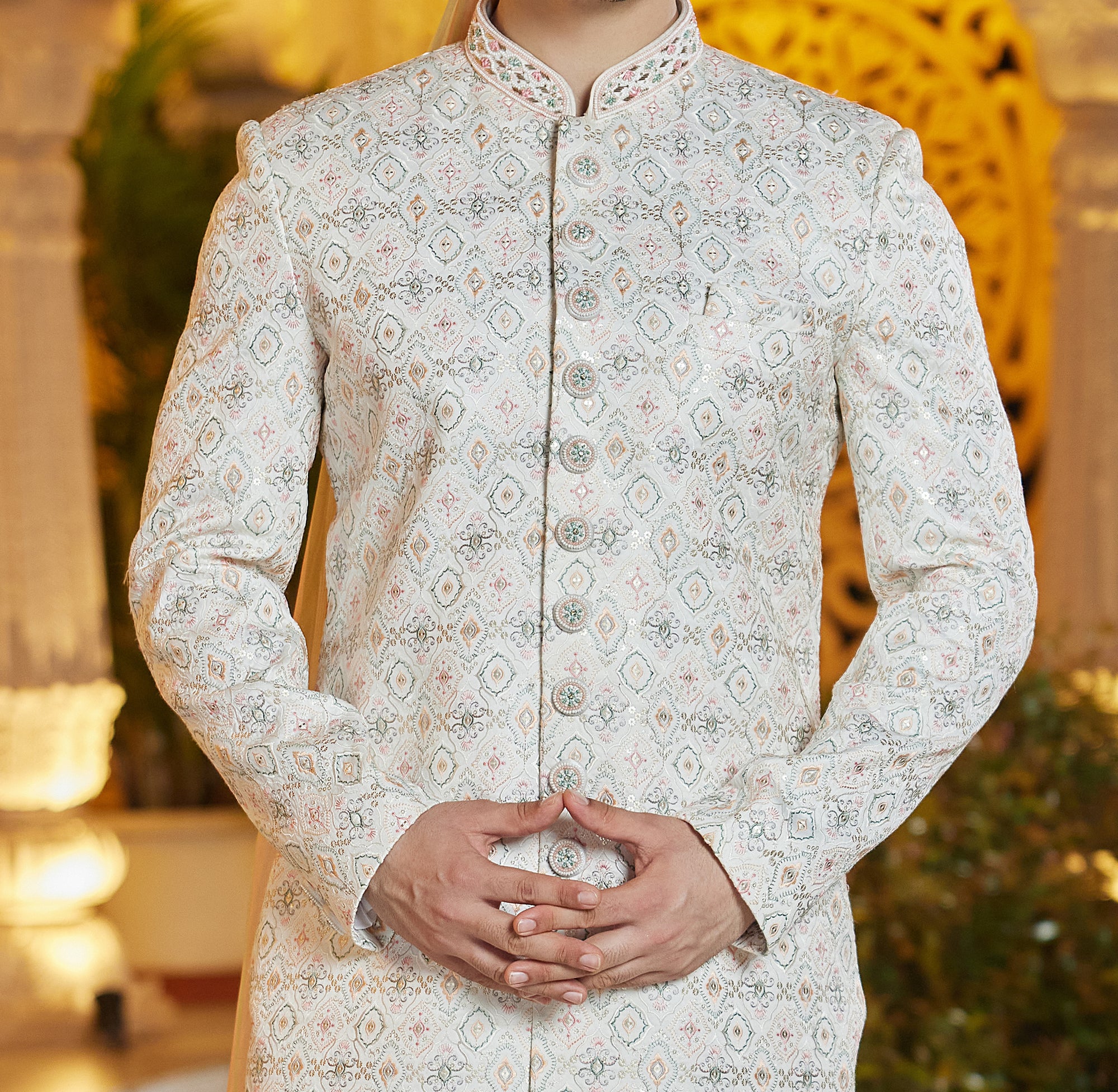 Regal White & Peach Sherwani Set - Made-on-order
