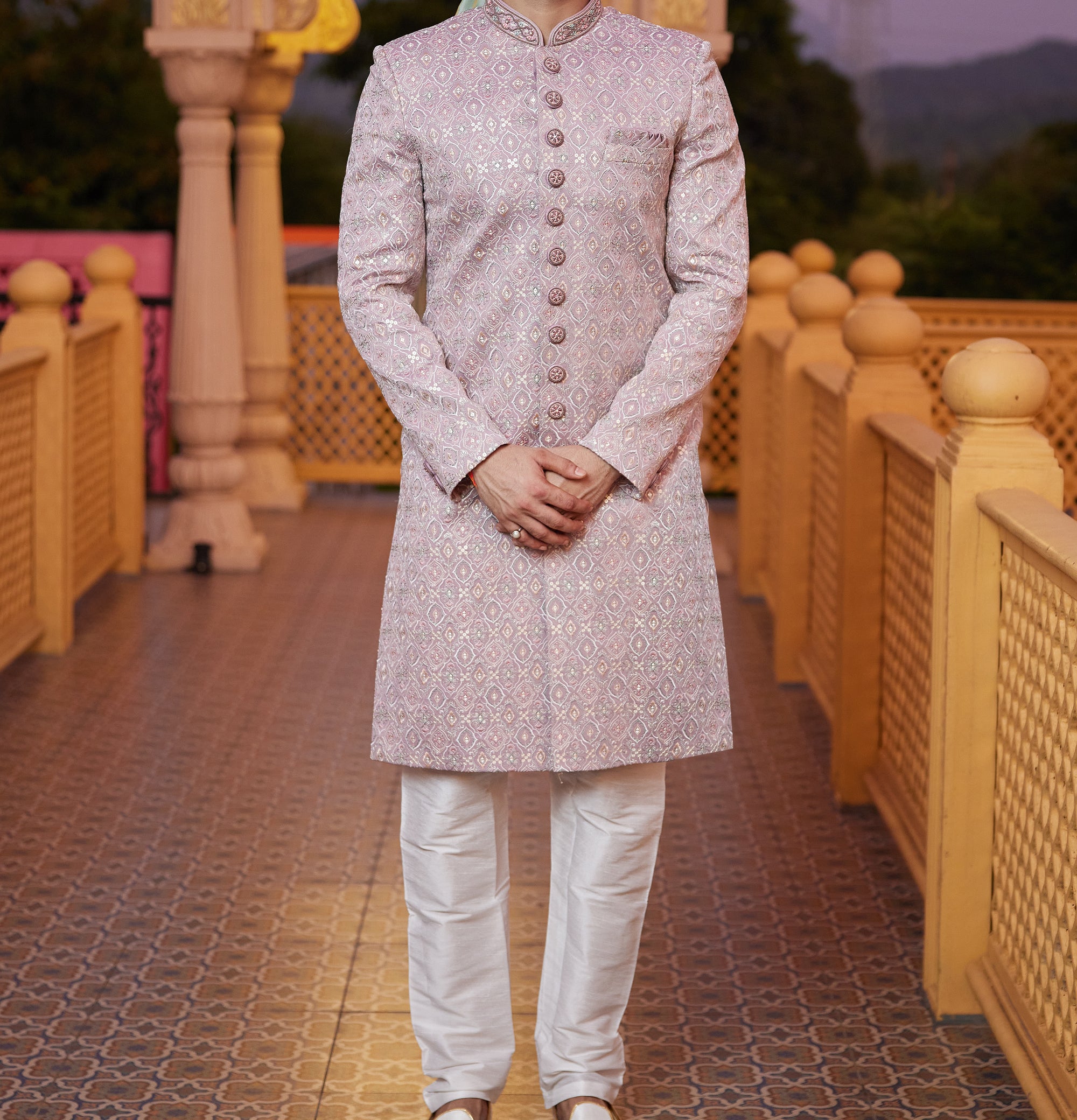 Regal Purple & White Sherwani Set - Made-on-order