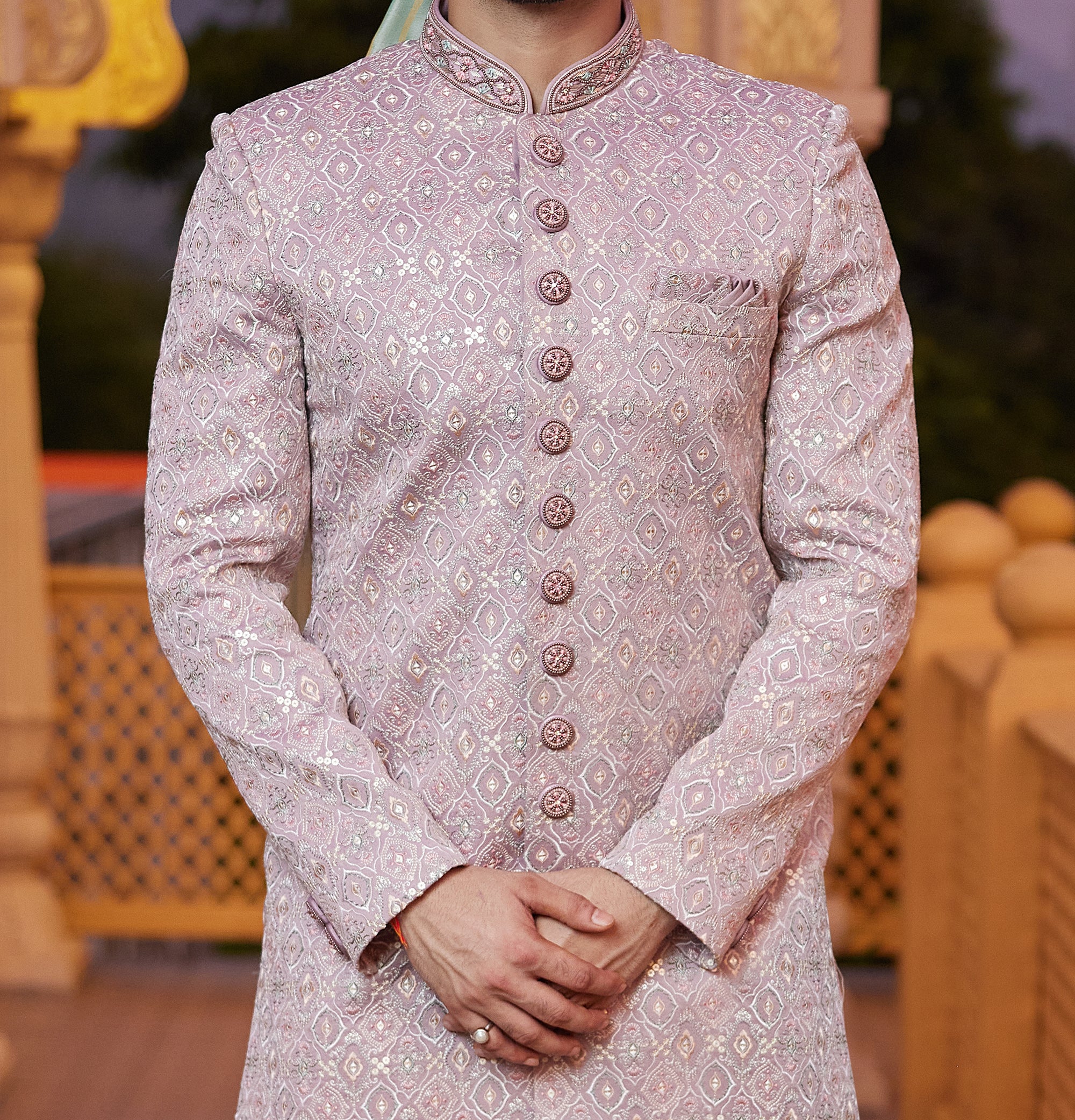 Regal Purple & White Sherwani Set - Made-on-order
