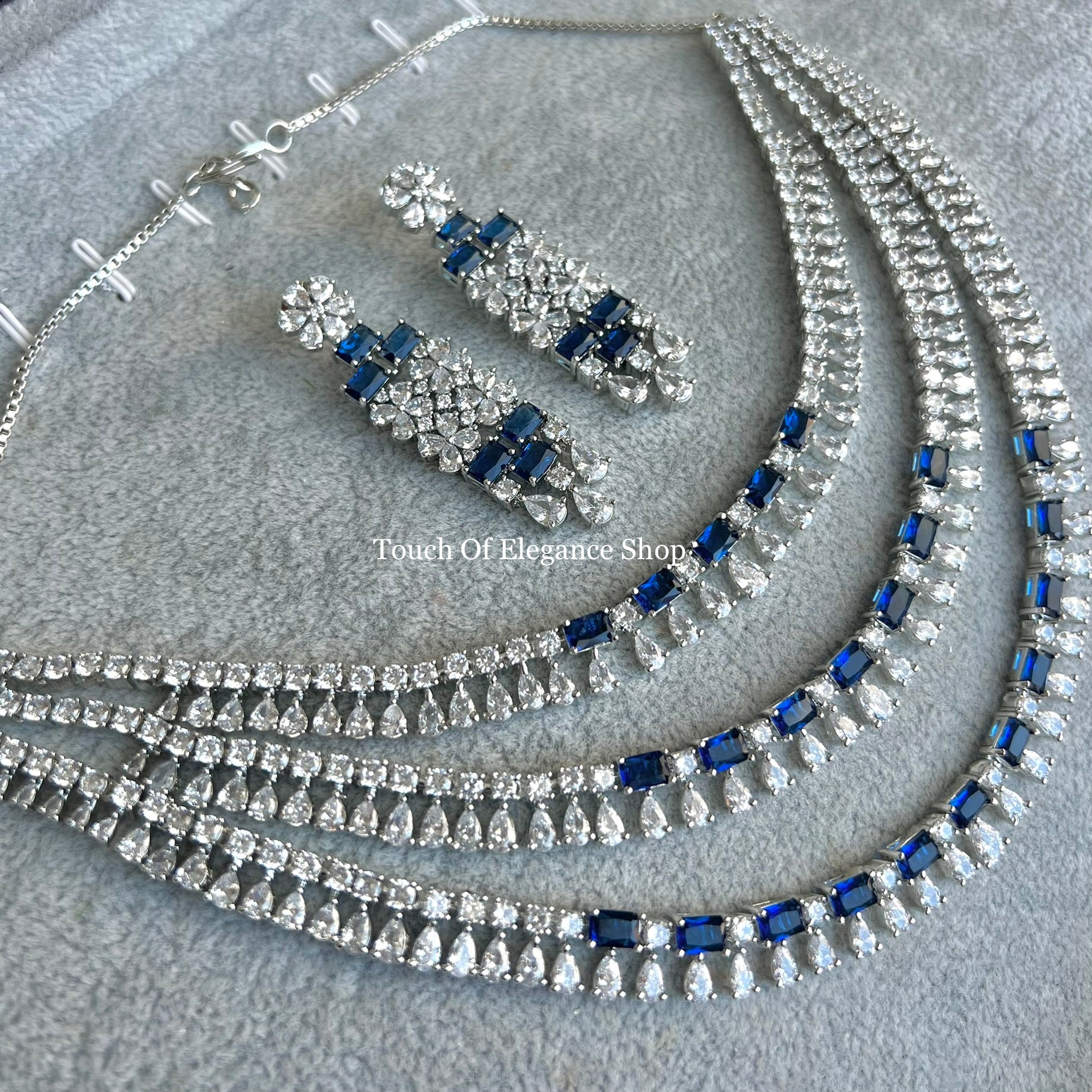 Blue & Silver American Diamond 2–tier Set | Ready-to-ship