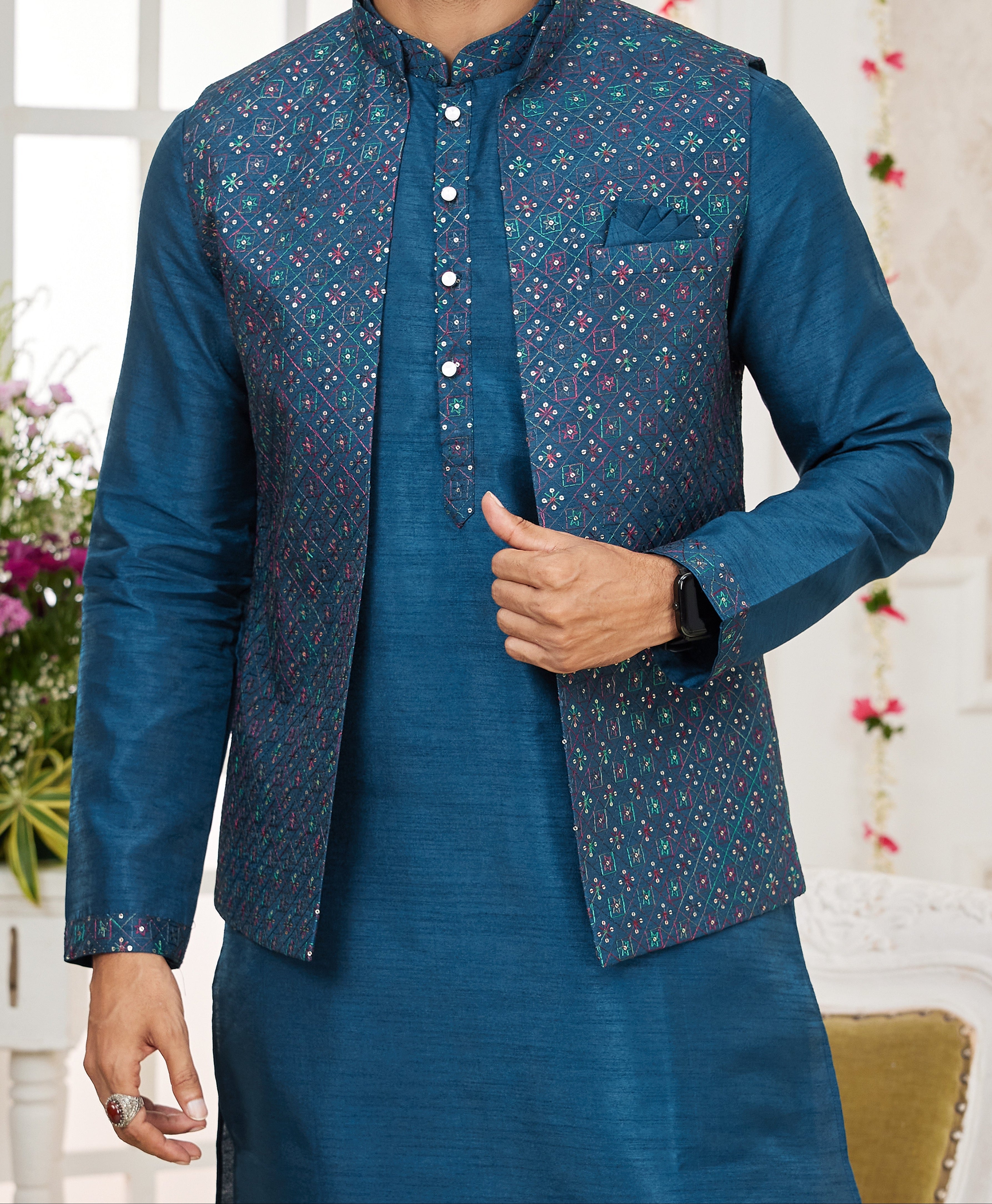 Blue Kurta & Vest Set - Made - on - order - Touch Of Elegance