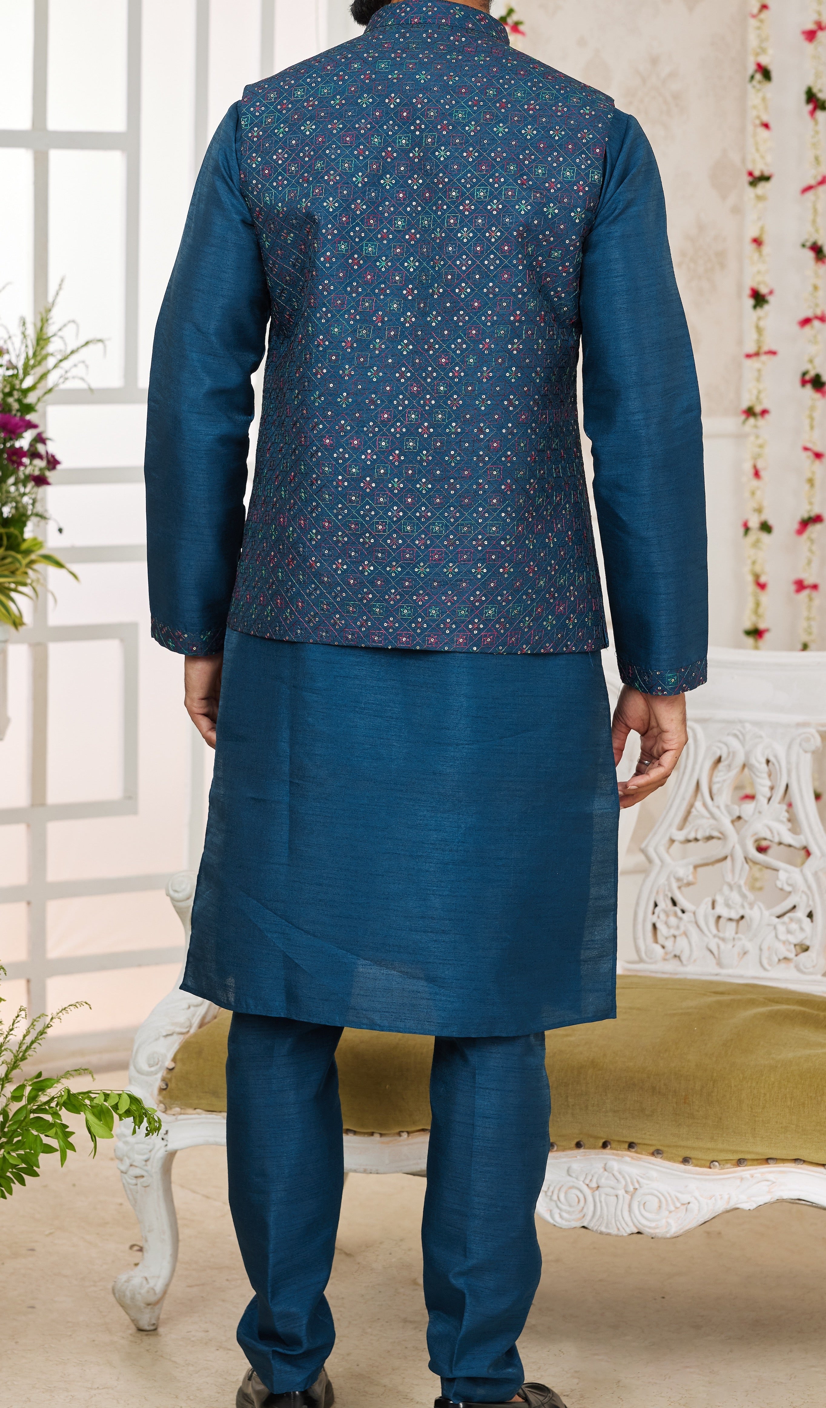 Blue Kurta & Vest Set - Made - on - order - Touch Of Elegance