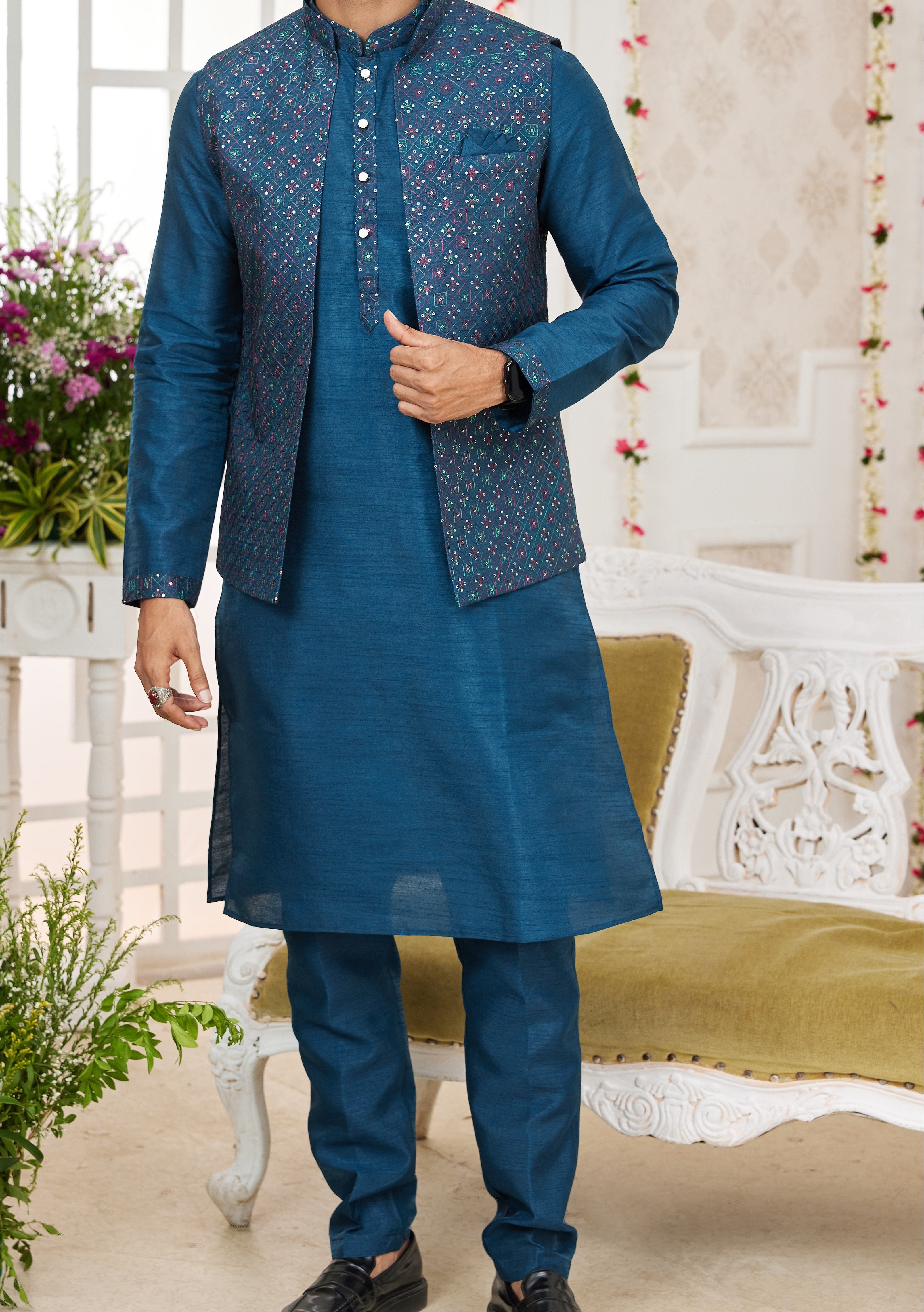 Blue Kurta & Vest Set - Made - on - order - Touch Of Elegance