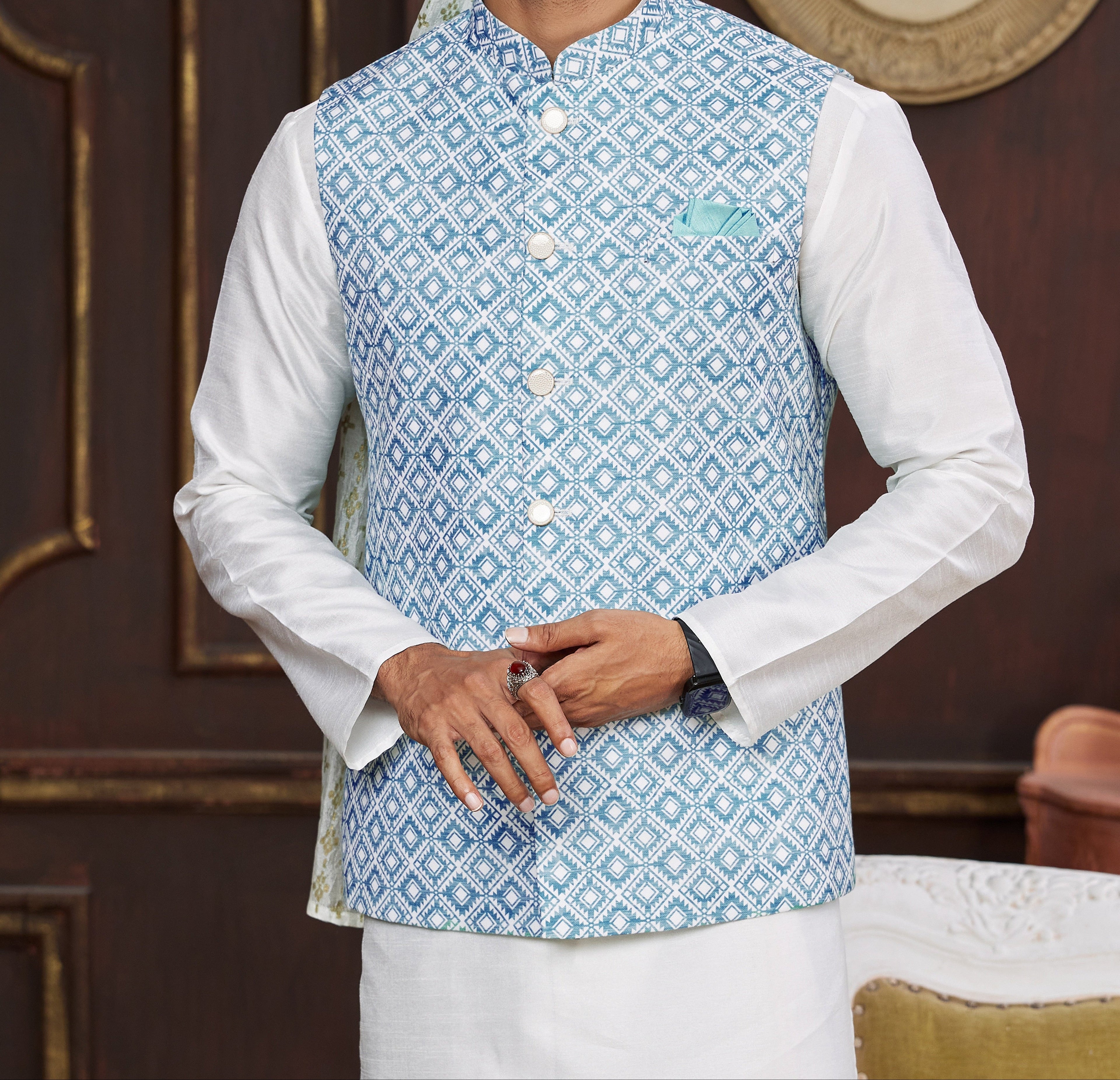 Blue & White Kurta Vest Set - Made - on - order - Touch Of Elegance