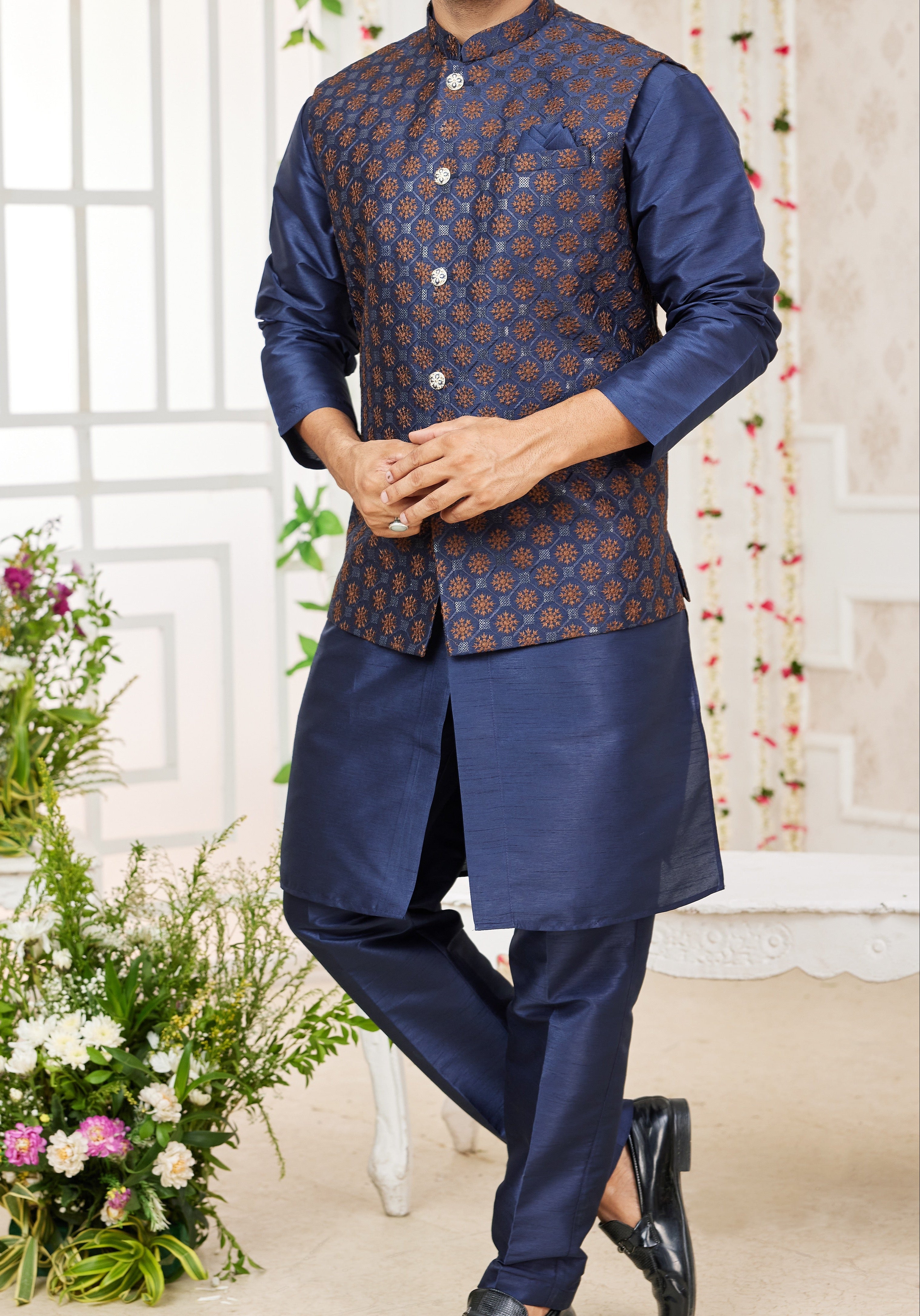 Dark Blue Kurta & Vest Set - Made - on - order - Touch Of Elegance