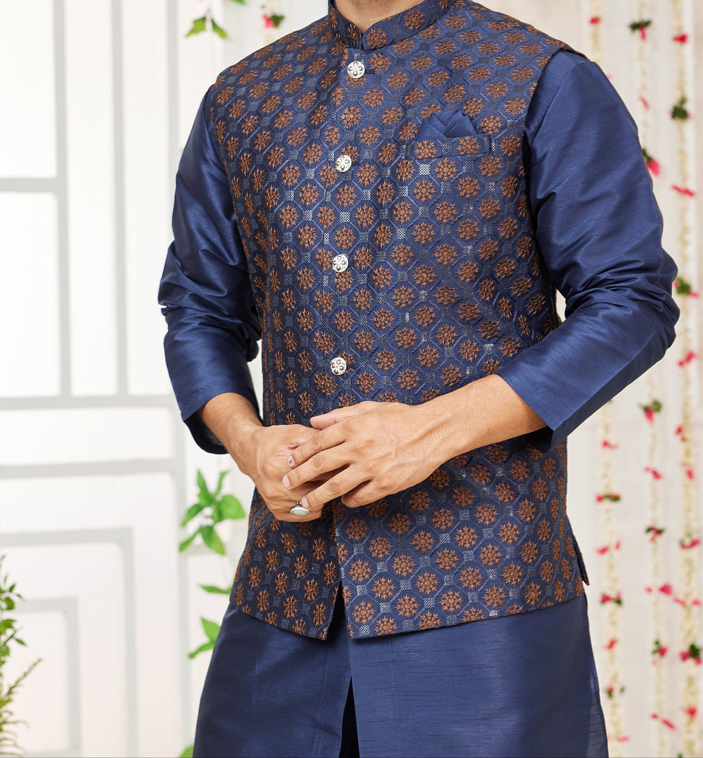 Dark Blue Kurta & Vest Set - Made - on - order - Touch Of Elegance