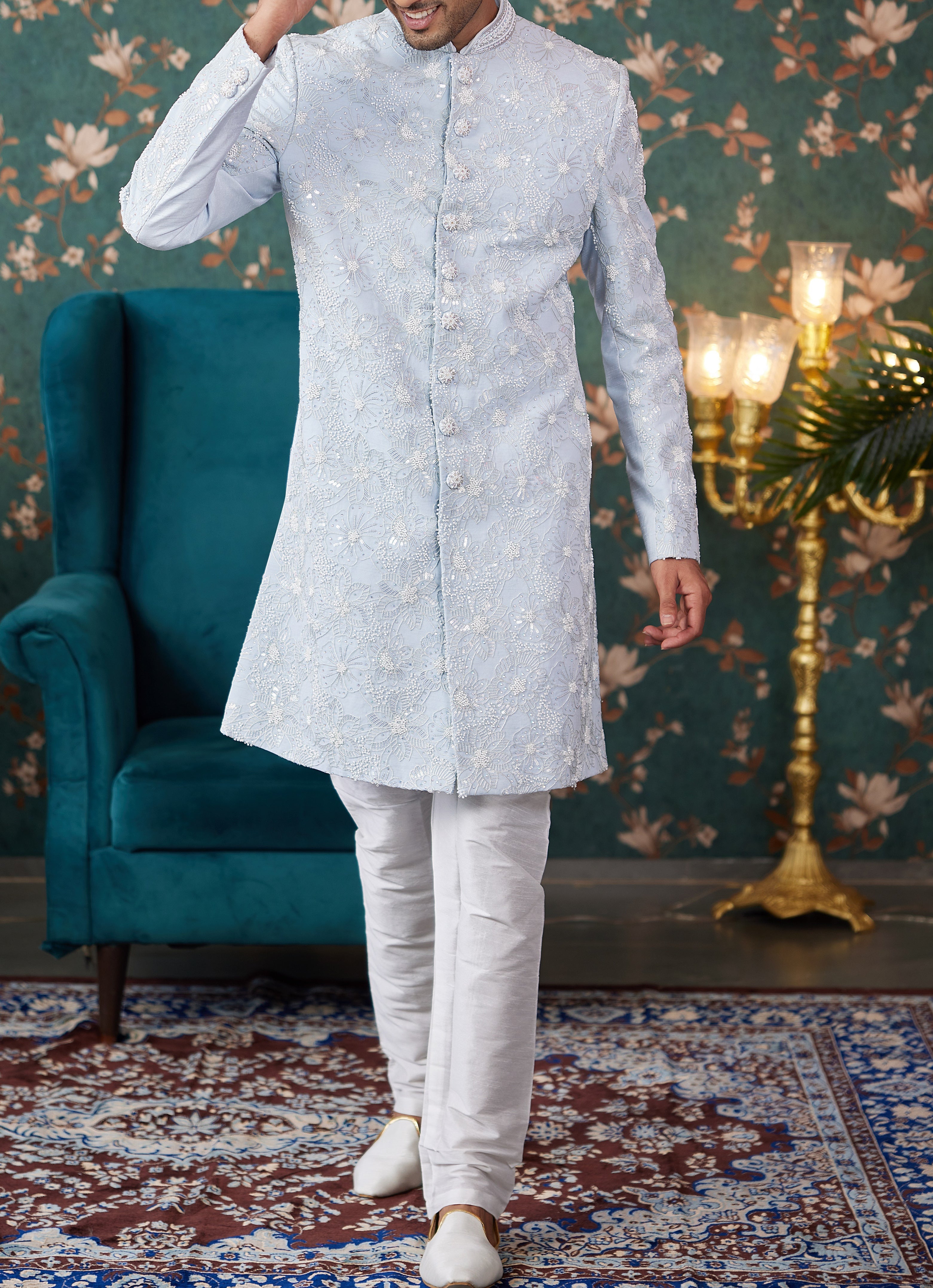 Formal 2 - Piece Light Blue Sherwani Set - Made - on - order - Touch Of Elegance