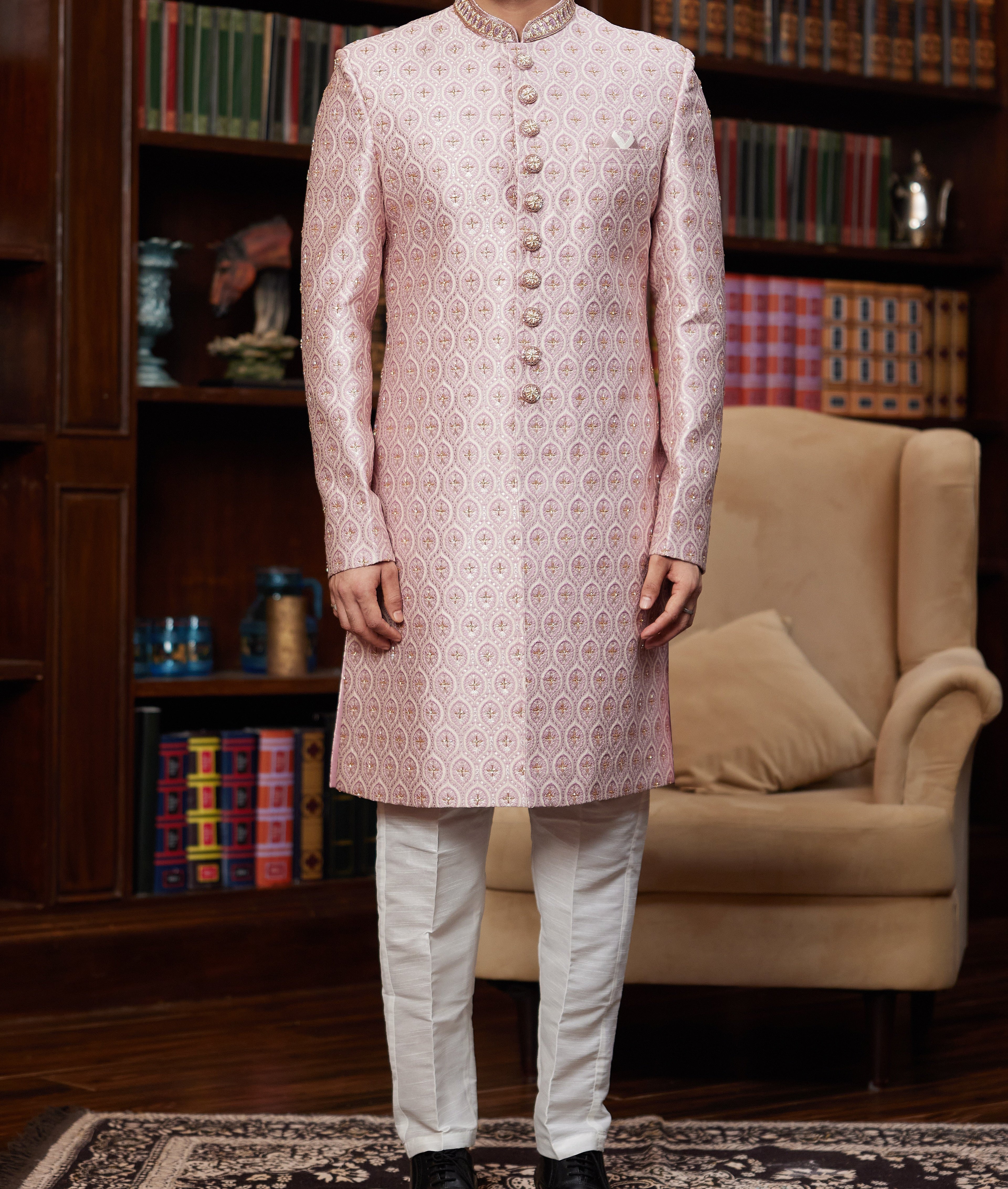 Formal 2 - Piece Pink Sherwani Set - Made - on - order - Touch Of Elegance
