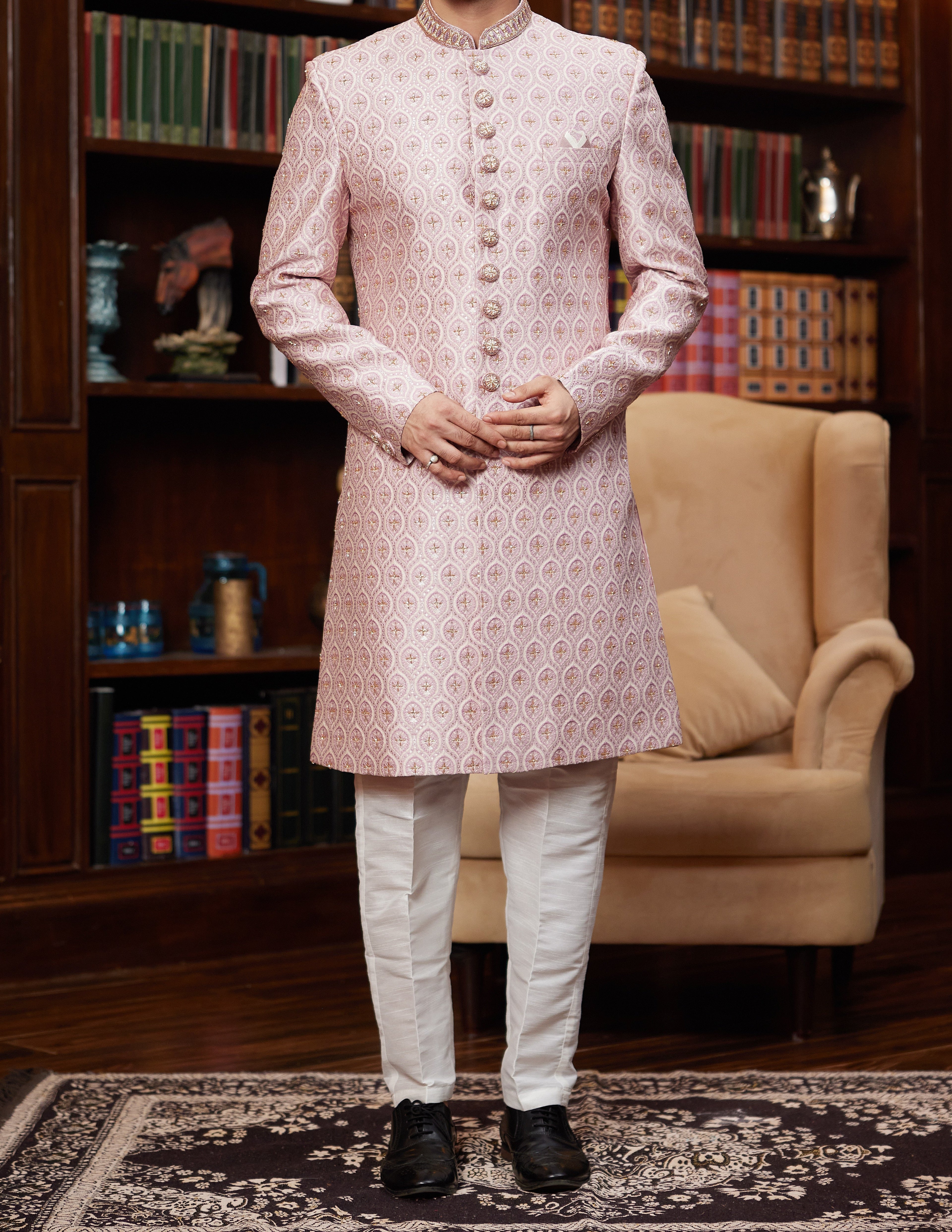 Formal 2 - Piece Pink Sherwani Set - Made - on - order - Touch Of Elegance