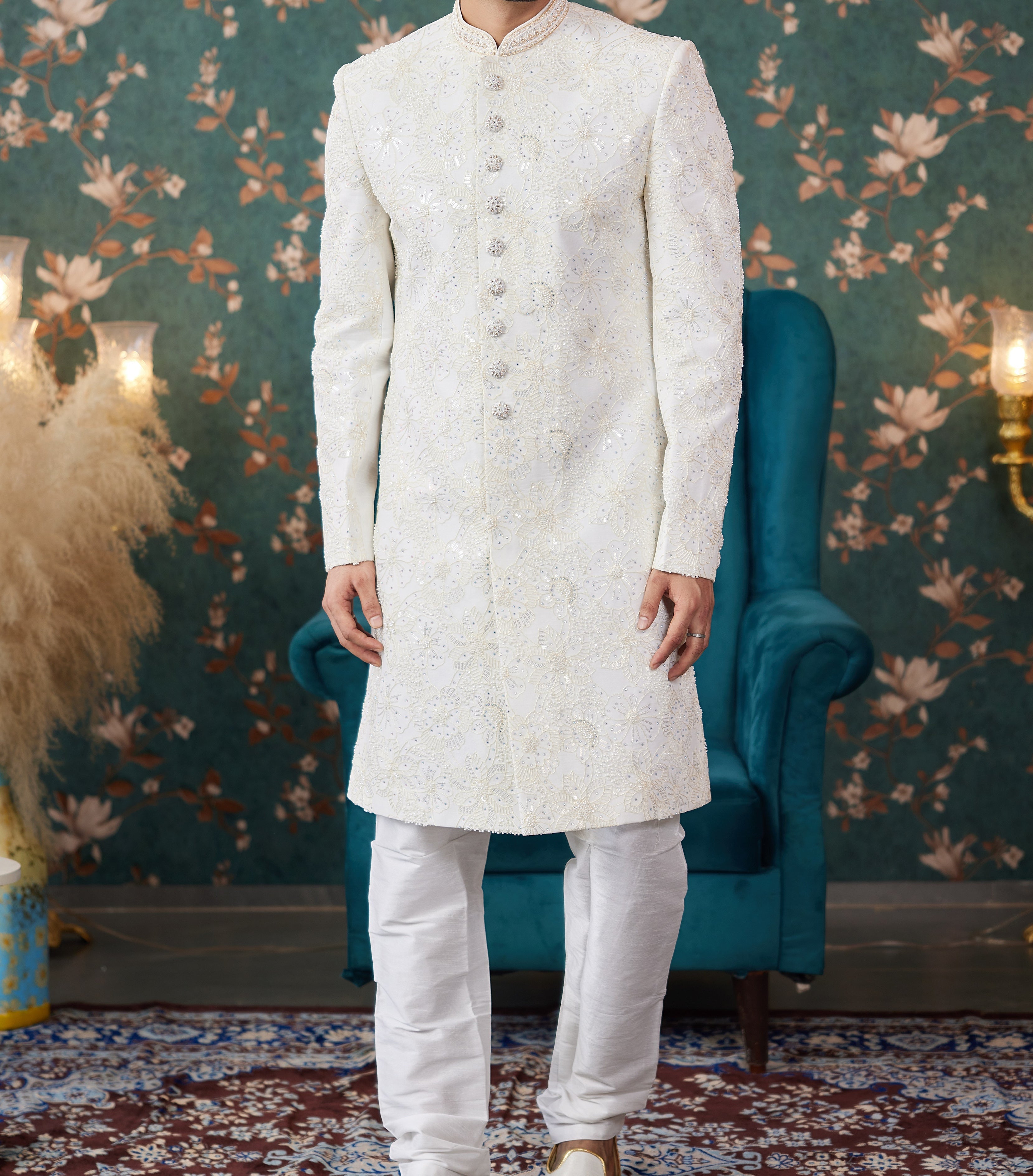 Formal 2 - Piece White/Cream Sherwani Set - Made - on - order - Touch Of Elegance