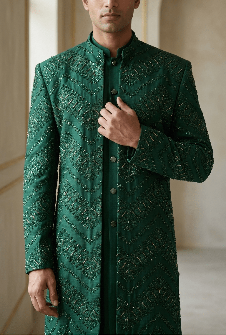 Formal 3 - Piece Dark Green Sherwani Set - Made - on - order - Touch Of Elegance