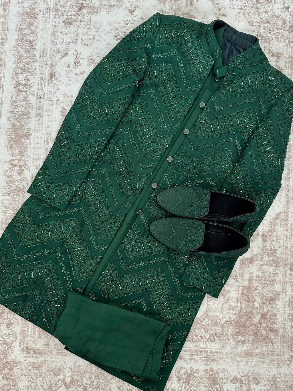 Formal 3 - Piece Dark Green Sherwani Set - Made - on - order - Touch Of Elegance
