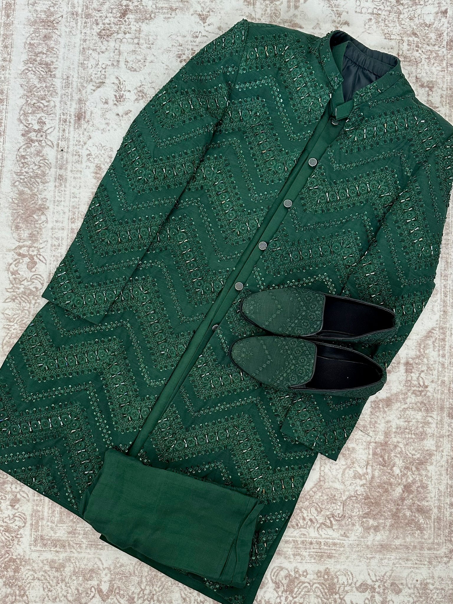 Formal 3 - Piece Dark Green Sherwani Set - Made - on - order - Touch Of Elegance
