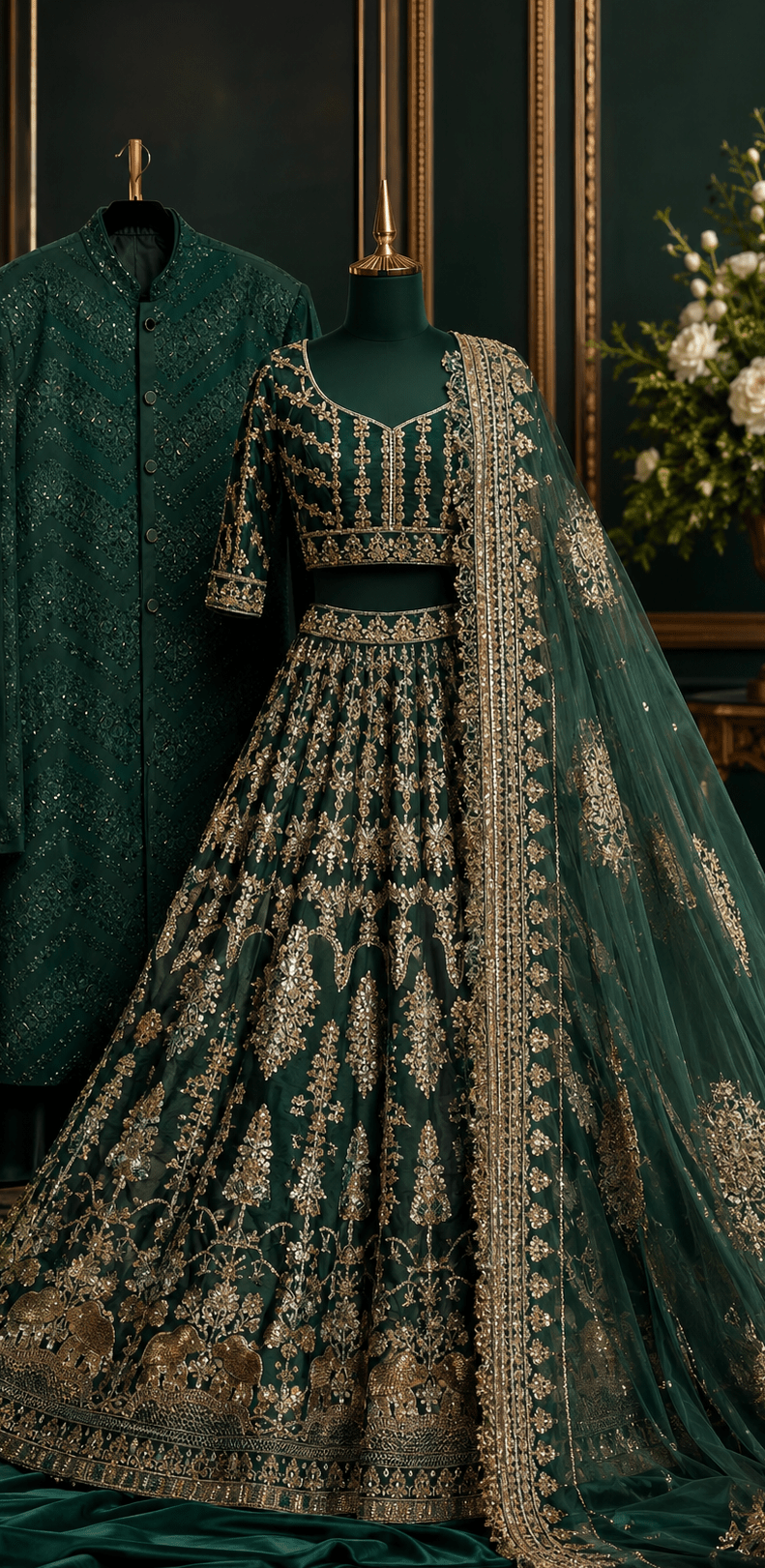 Formal 3-Piece Dark Green Sherwani Set - Made-on-order - Touch Of Elegance