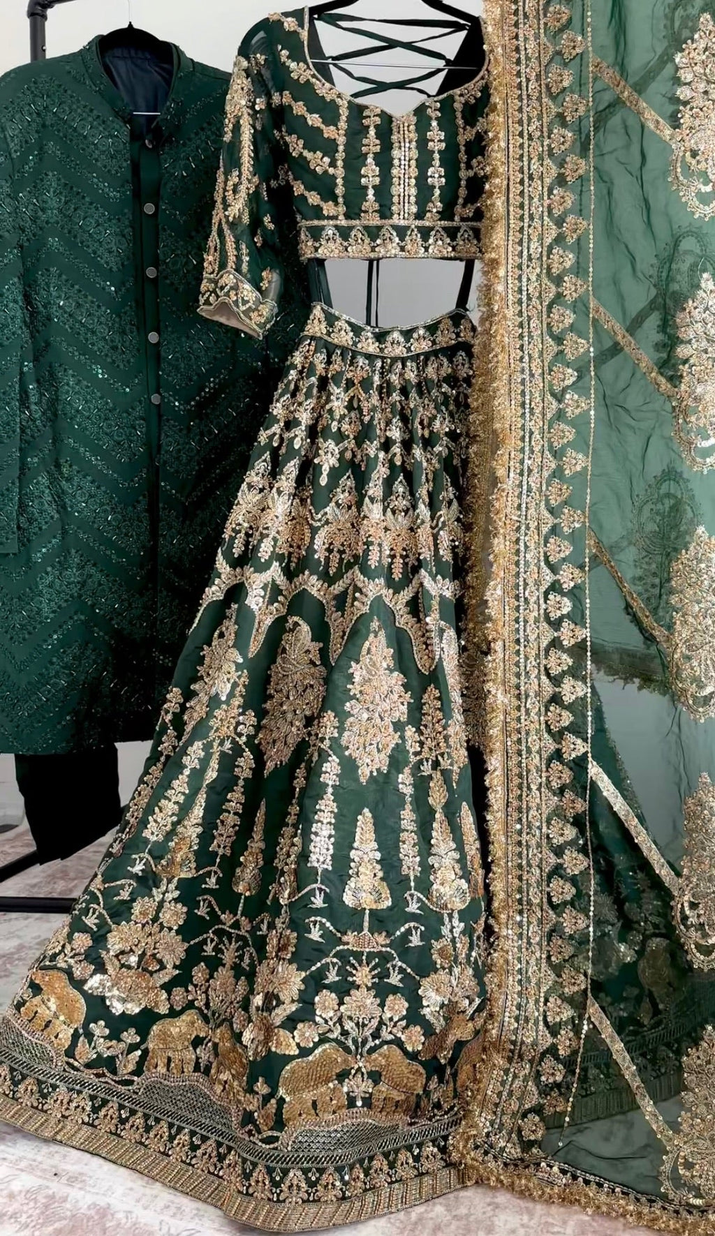 Formal 3-Piece Dark Green Sherwani Set - Made-on-order - Touch Of Elegance