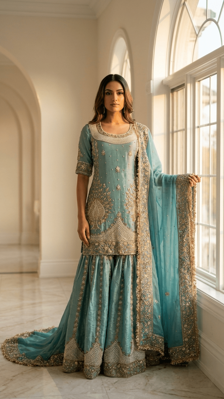 Gilded Morni Three - Piece Set | Gharara Suit - Touch Of Elegance