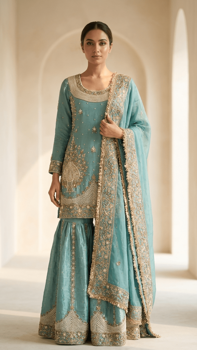 Gilded Morni Three - Piece Set | Gharara Suit - Touch Of Elegance