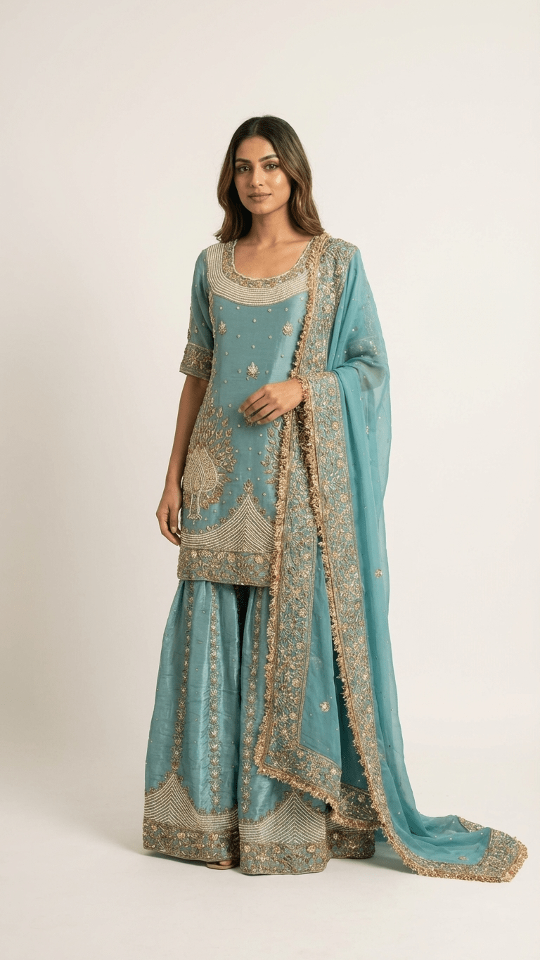 Gilded Morni Three - Piece Set | Gharara Suit - Touch Of Elegance