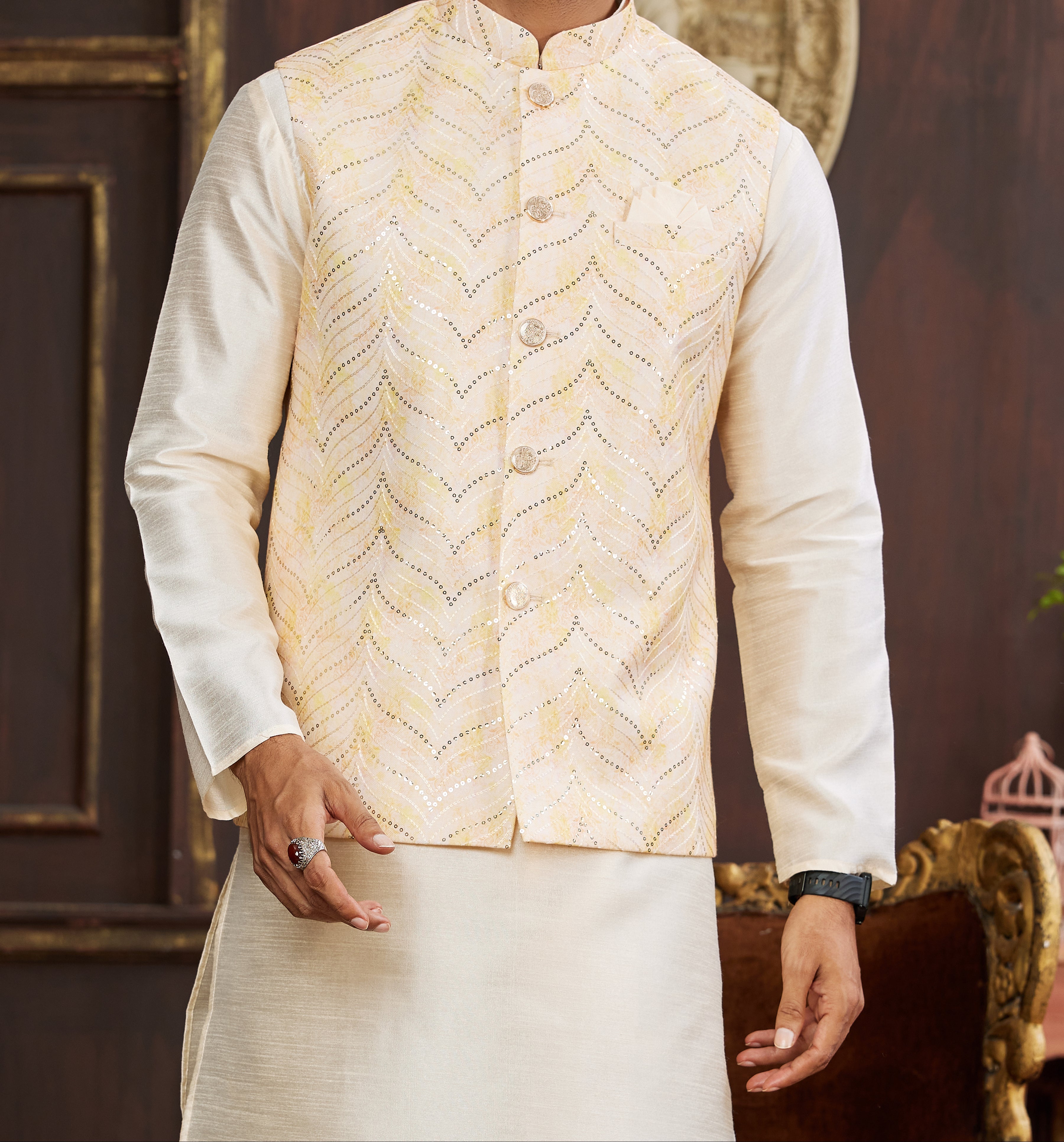 Gold Kurta & Vest Set - Made - on - order - Touch Of Elegance