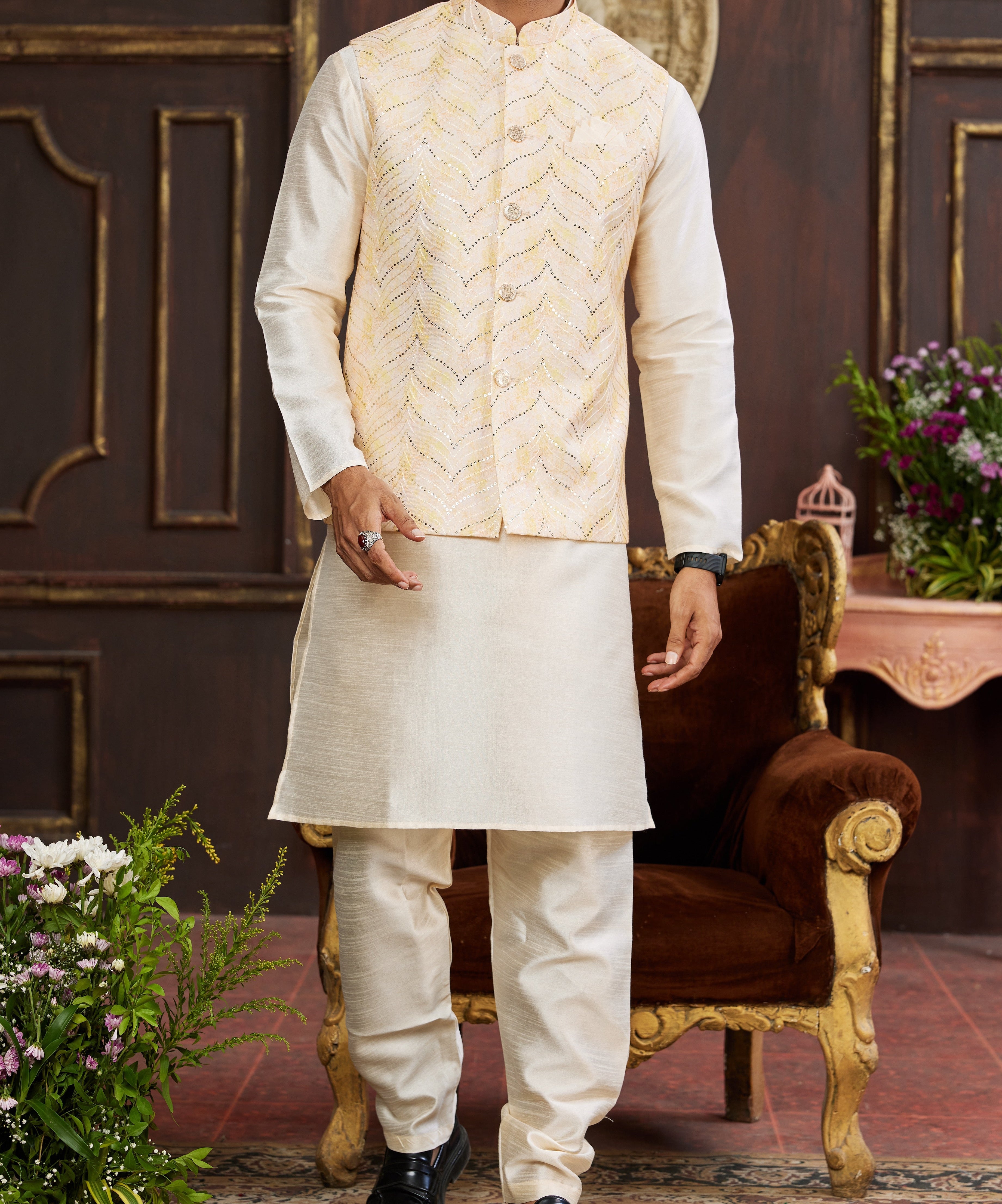 Gold Kurta & Vest Set - Made - on - order - Touch Of Elegance